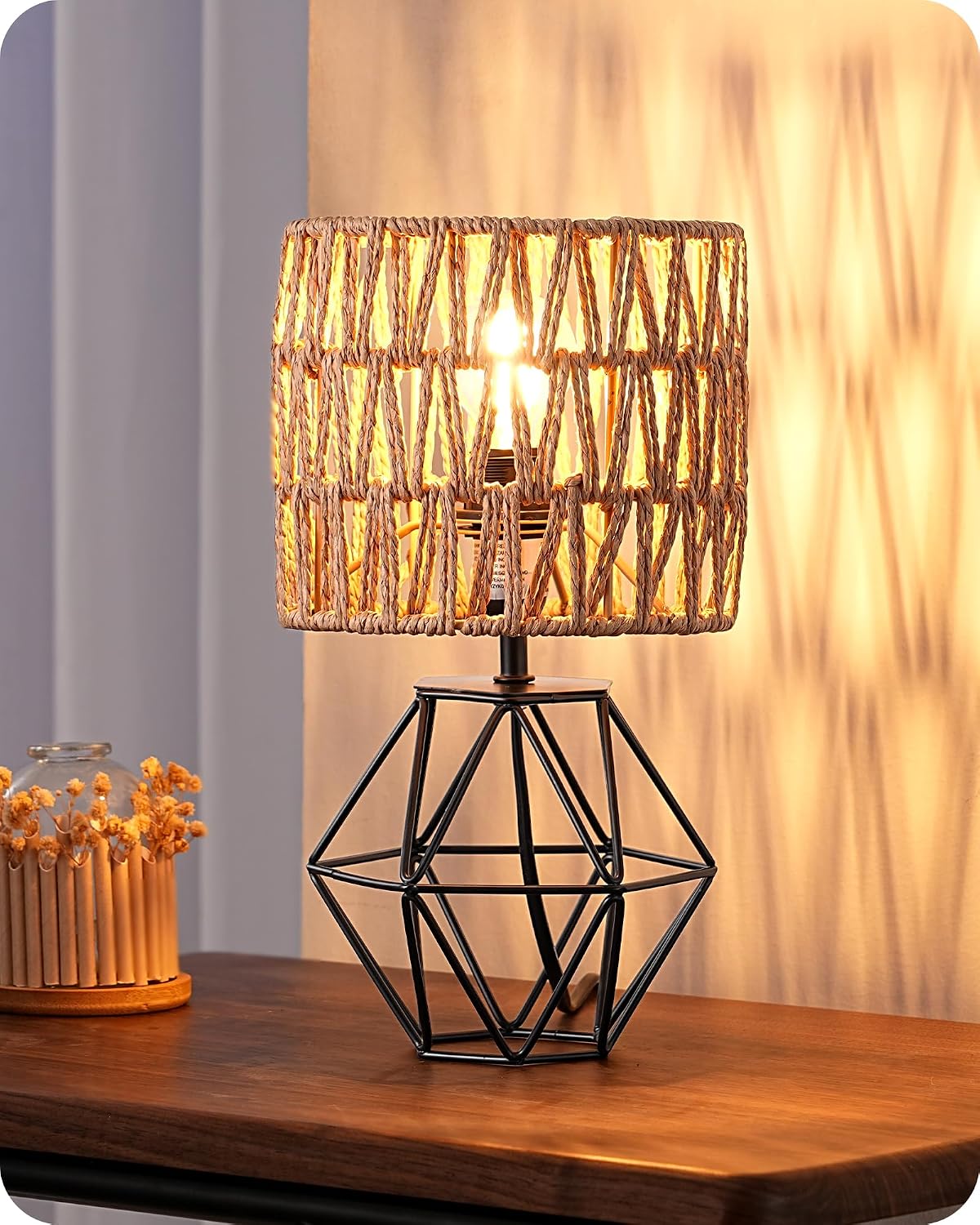 Lampa Stołowa Boho Edishine E14 Led Abażur Tkany Vintage Czarna 29CM