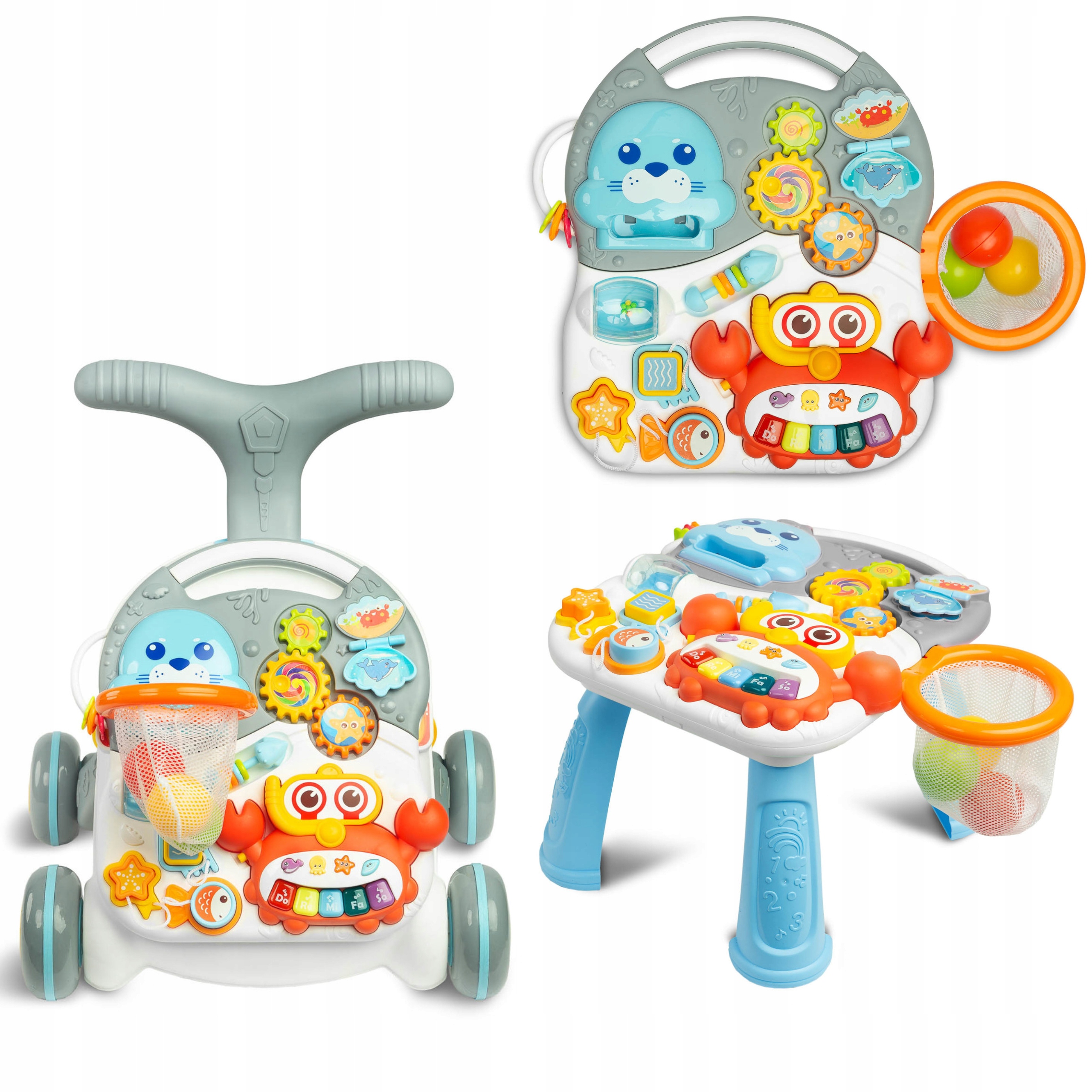 Interaktywny Pchacz Chodzik Stolik Edukacyjny 3w1 Pianinko Toyz Spark Szary