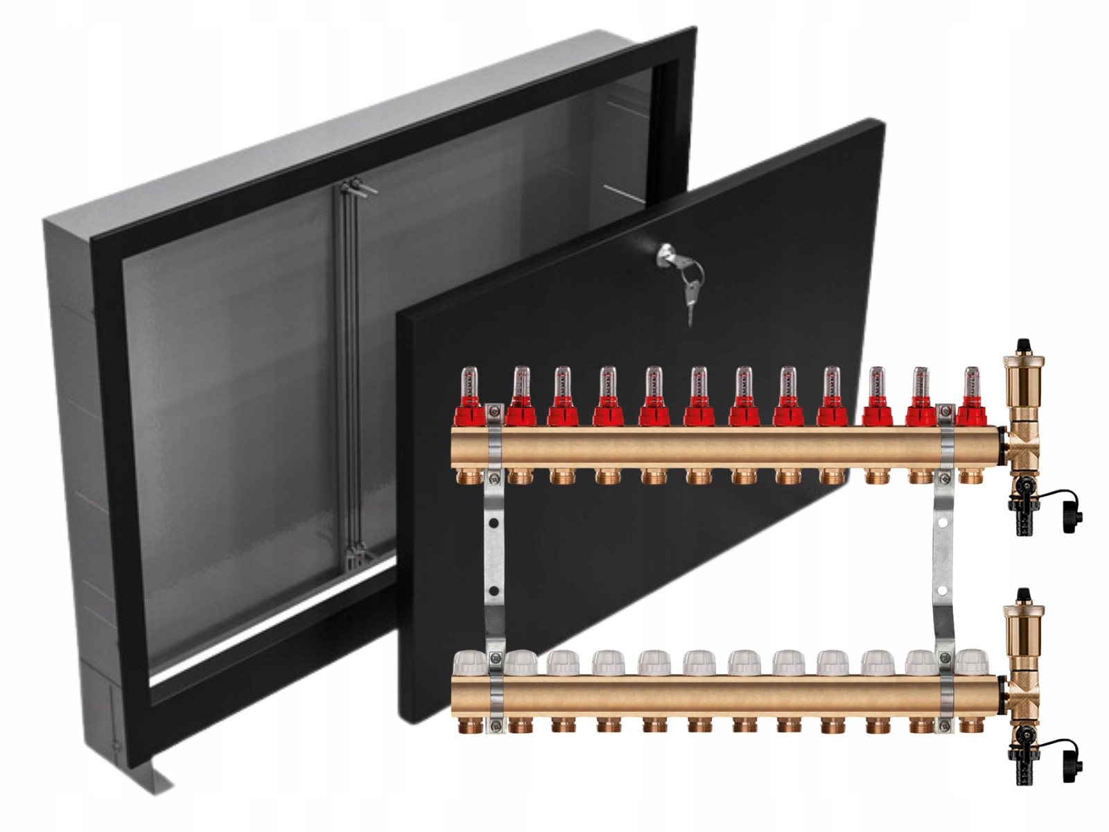 Mosazný Rozdělovač 12 Sekcí Podomítková Skříňka Černá