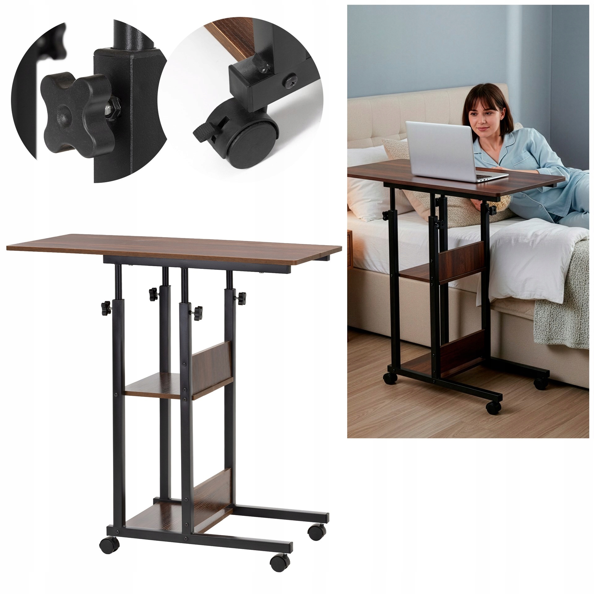 Przyłóżkowe Biurko Stolik Boczny Mobilne 76-86cm Kawowy Pod Laptopa Kółkach