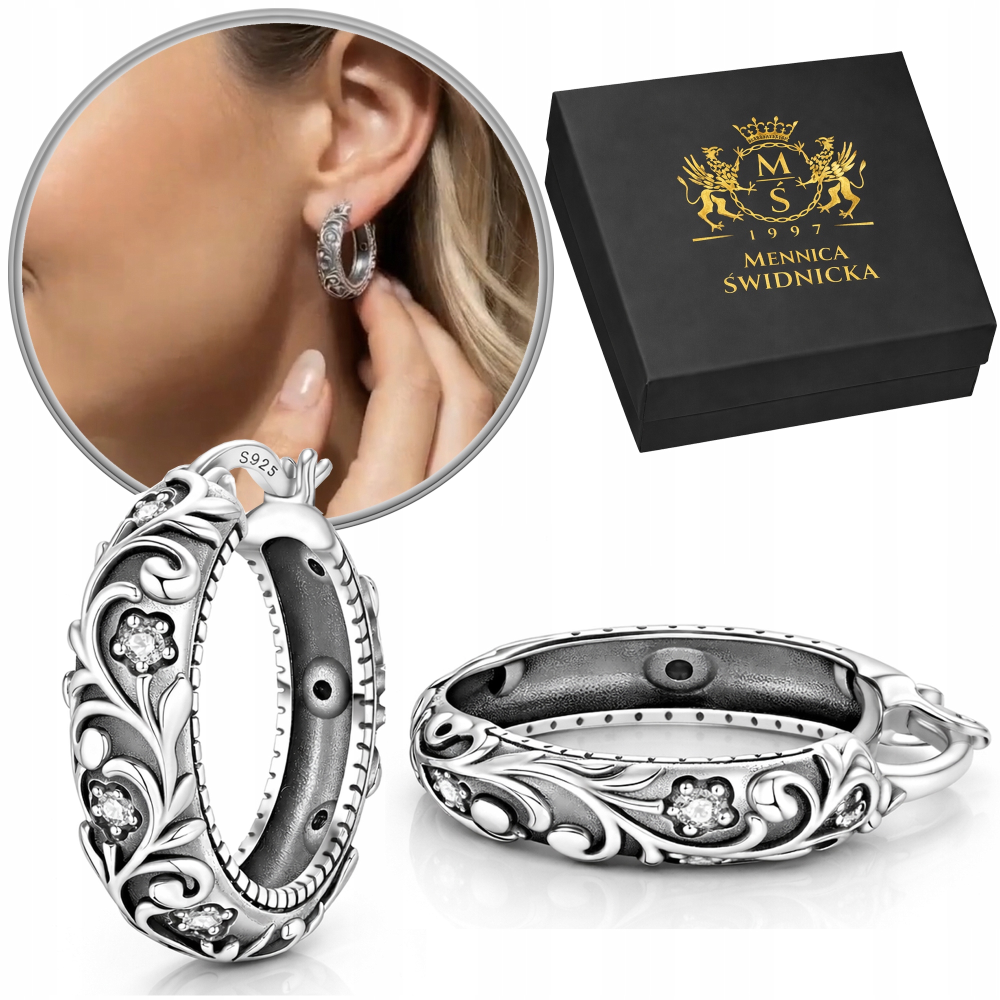 Kolczyki Srebrne 925 Koła Ażurowe z Cyrkoniami Oksydowane Angielskie Grawer