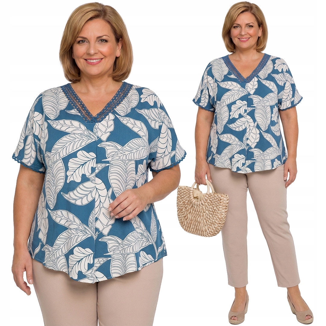 Modrá béžová halenka s listy plus size velikost 56/58