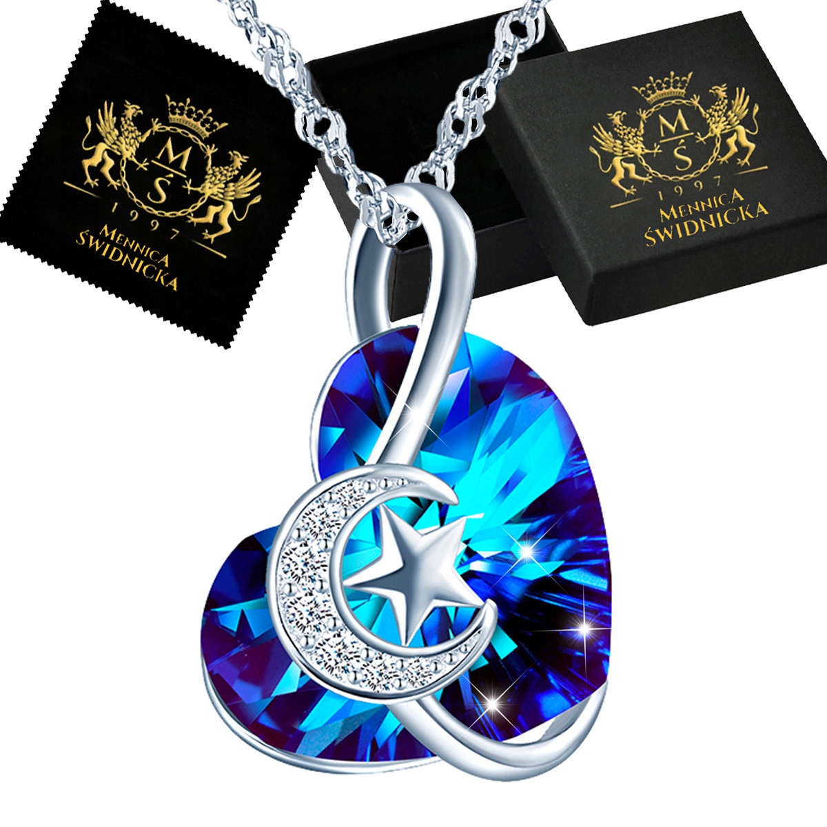 Stříbrný náhrdelník Stříbro 925 Srdce Řetízek Zirkony pro ženu Měsíc