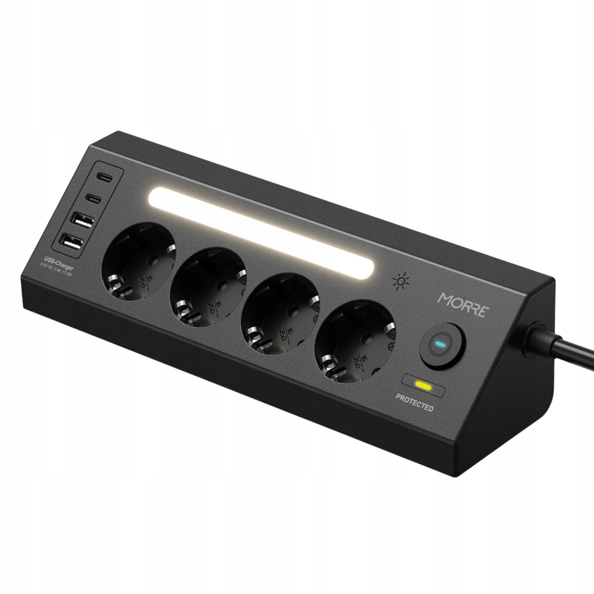 Zásuvková lišta Morre M411 – 4 Ac zásuvky, 2xUSB-C 15W, 2xUSB-A 12W, 2 m