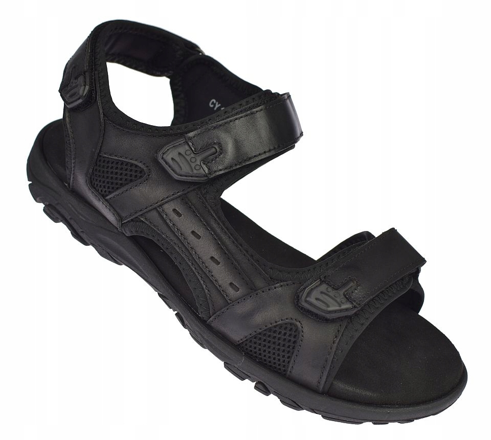 Pánské kožené sandály CY145 černé na suchý zip, pohodlné, lehké na léto, vel 43