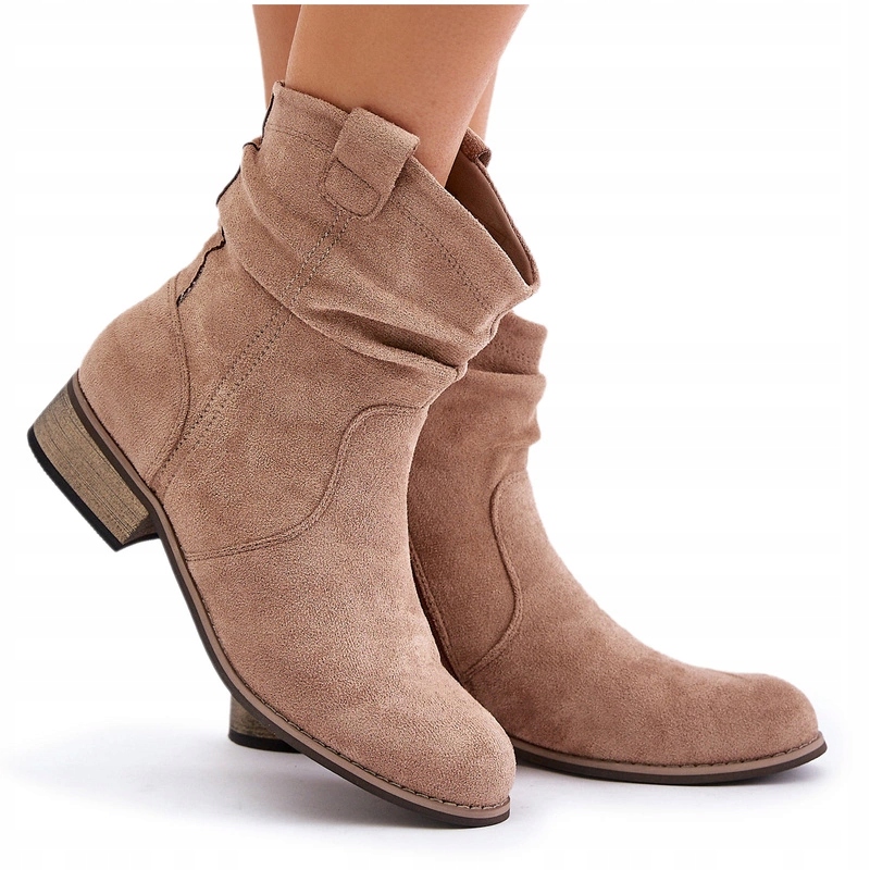 Kotníkové Boty Z Eko Semiše, Nízký Podpatek, Nařasený Svršek, Béžová Barva 37