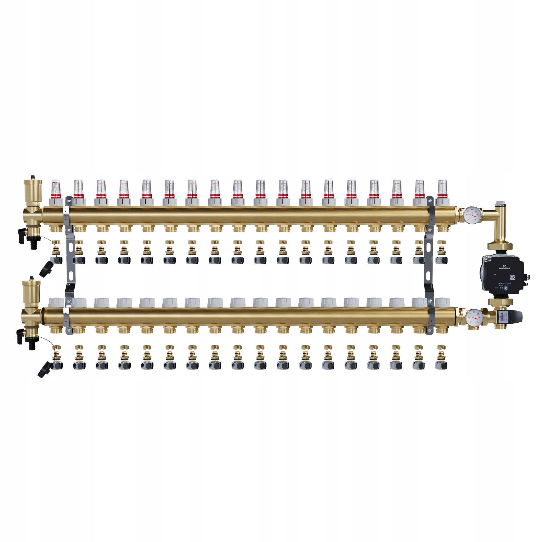 Rozdělovač pro podlahové topení 18 sekcí a Spojky Pex+pompa Grundfos
