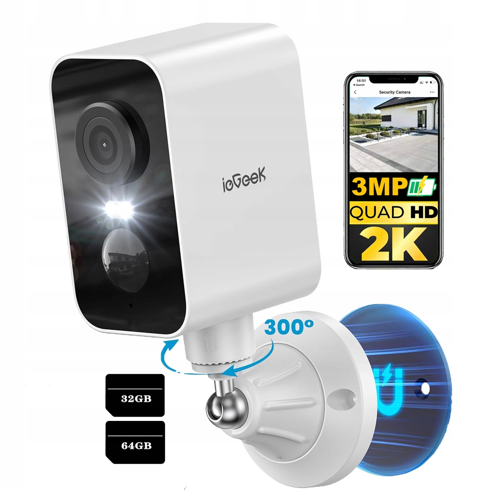 2K kamera pro venkovní monitorování s baterií, magnetická montáž 3MPX