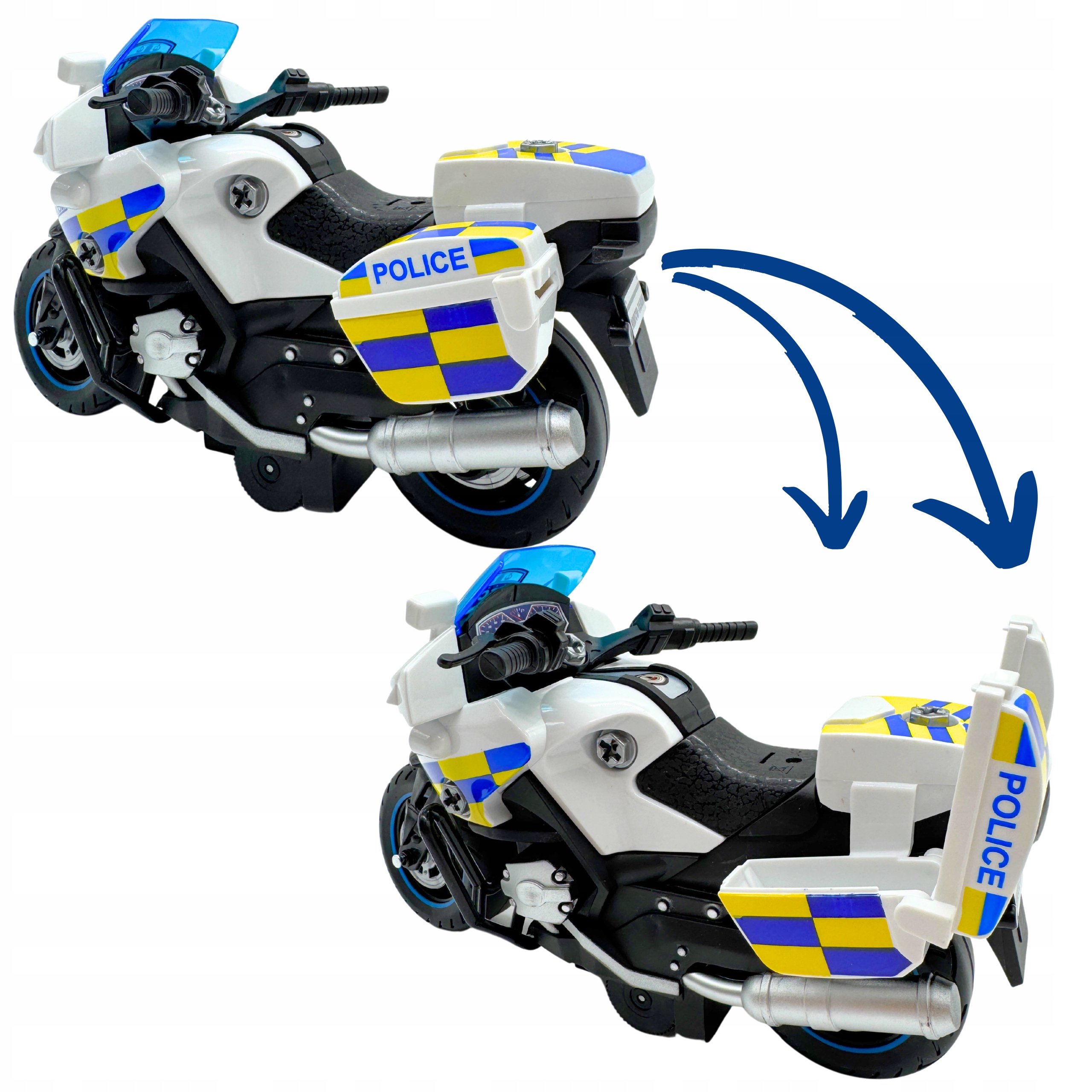 MOTOCYKL POLICYJNY światła, dźwięki NAPĘD motor POLICJA 30 cm Szerokość produktu 20 cm