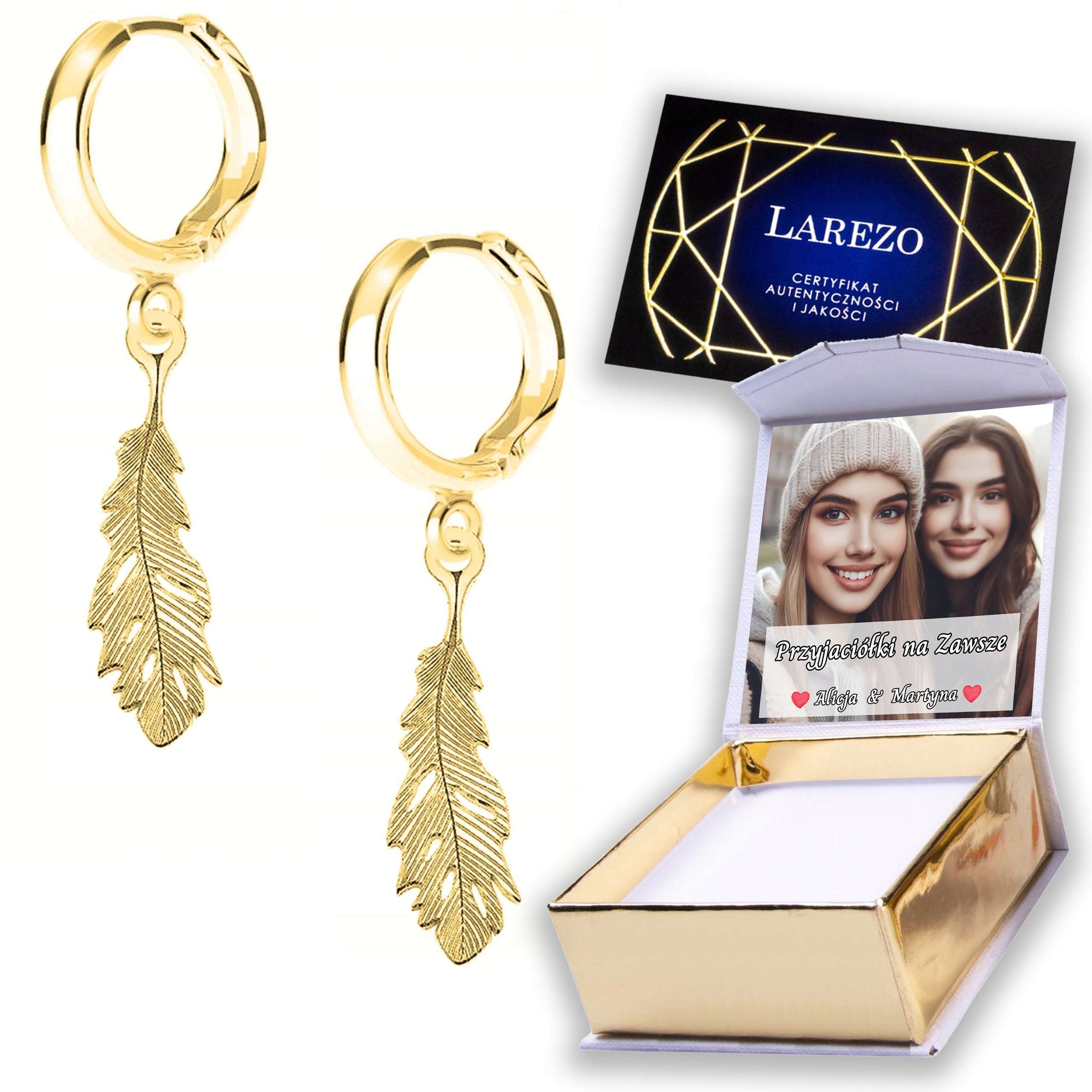 Zlaté Náušnice 925 Ozdobné peří s peřím, listy, potisk