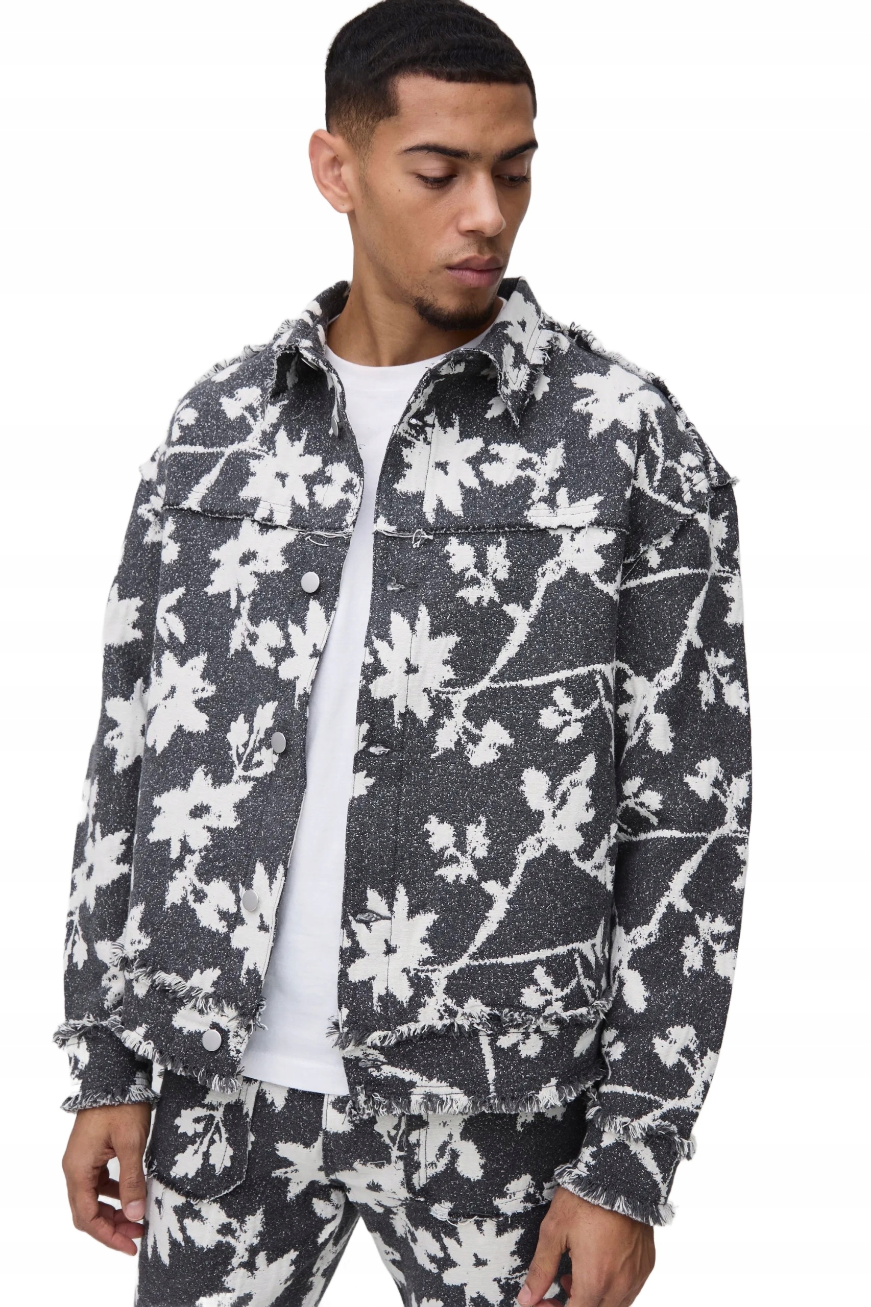 Boohooman Pánská Košile Casual Černobílá Vzor Květiny Třásně M Z3A