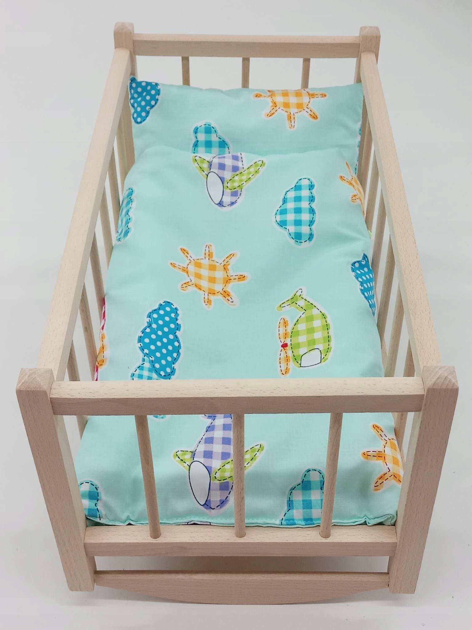 KOŁYSKA dla lalek drewniana + pościel 3 ELEMENTY