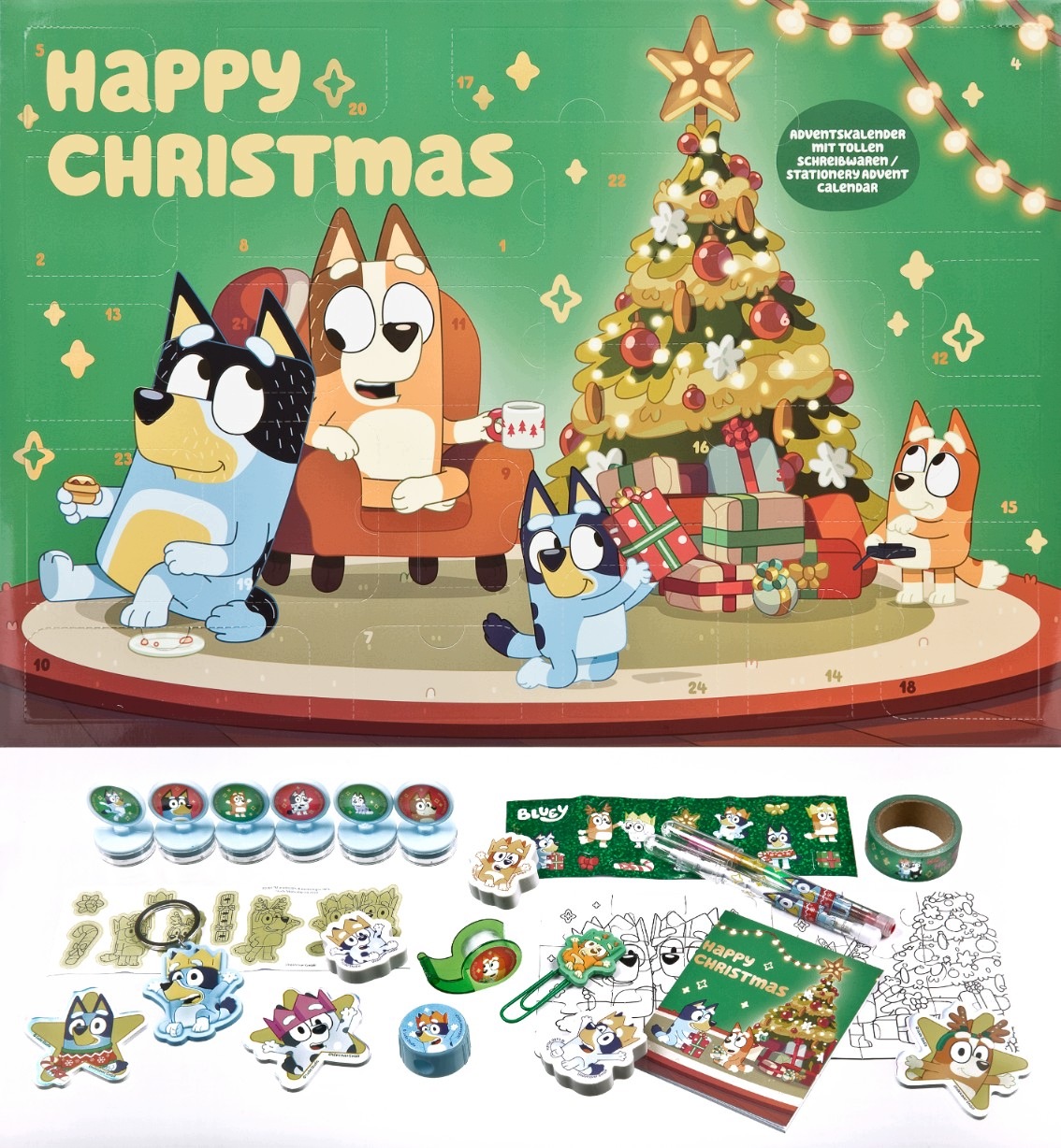 Адвент-календарь Bluey 2026, 24 сюрприза: штампы, пазл, брелок, наклейки, от 3 лет — фото 2