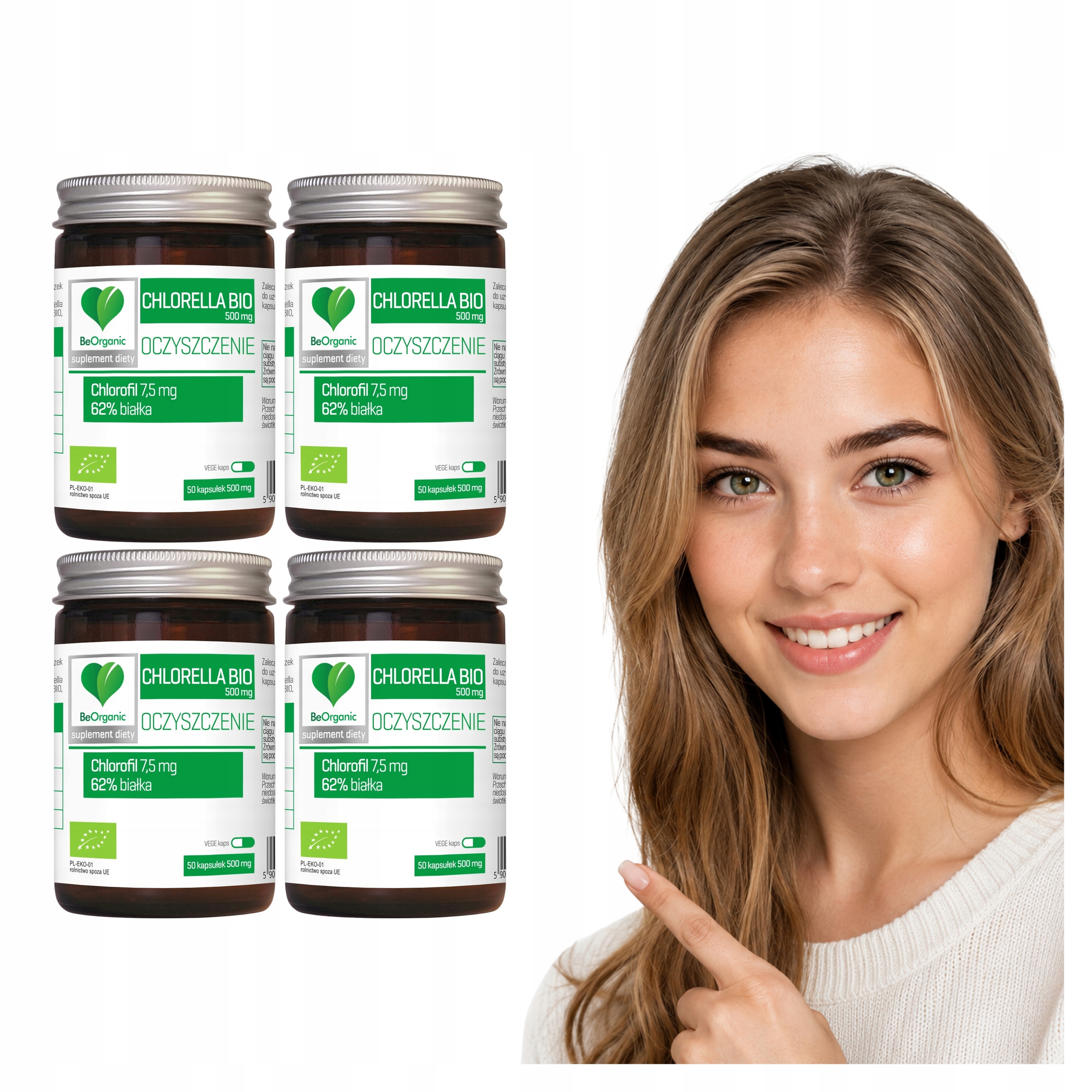 4x Chlorella W Kapsułkach Bio Beorganic 500 mg 50 kaps. Mikroalga Hpmc