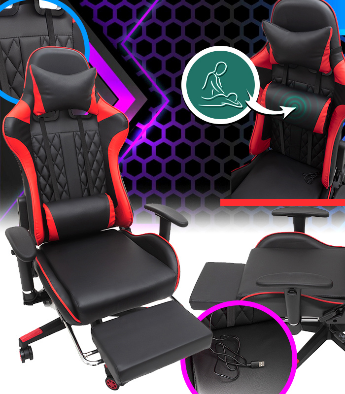 Herní Křeslo S Podnožkou Červené, Prošívané, Kancelářský Masážní Přístroj Gr