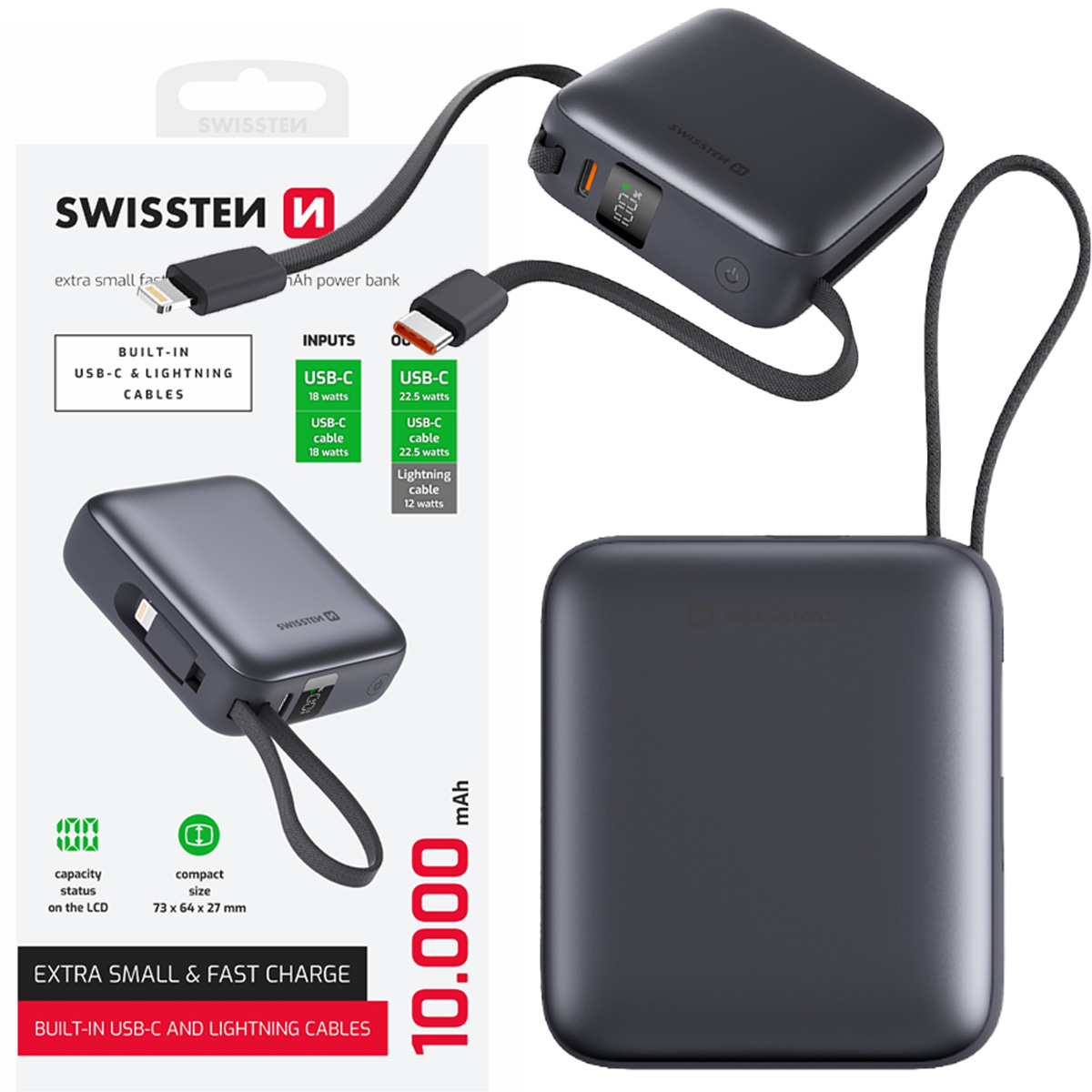 Powerbanka 10000 mAh Usb-c s vestavěným kabelem Usb-c a Lightning Swissten