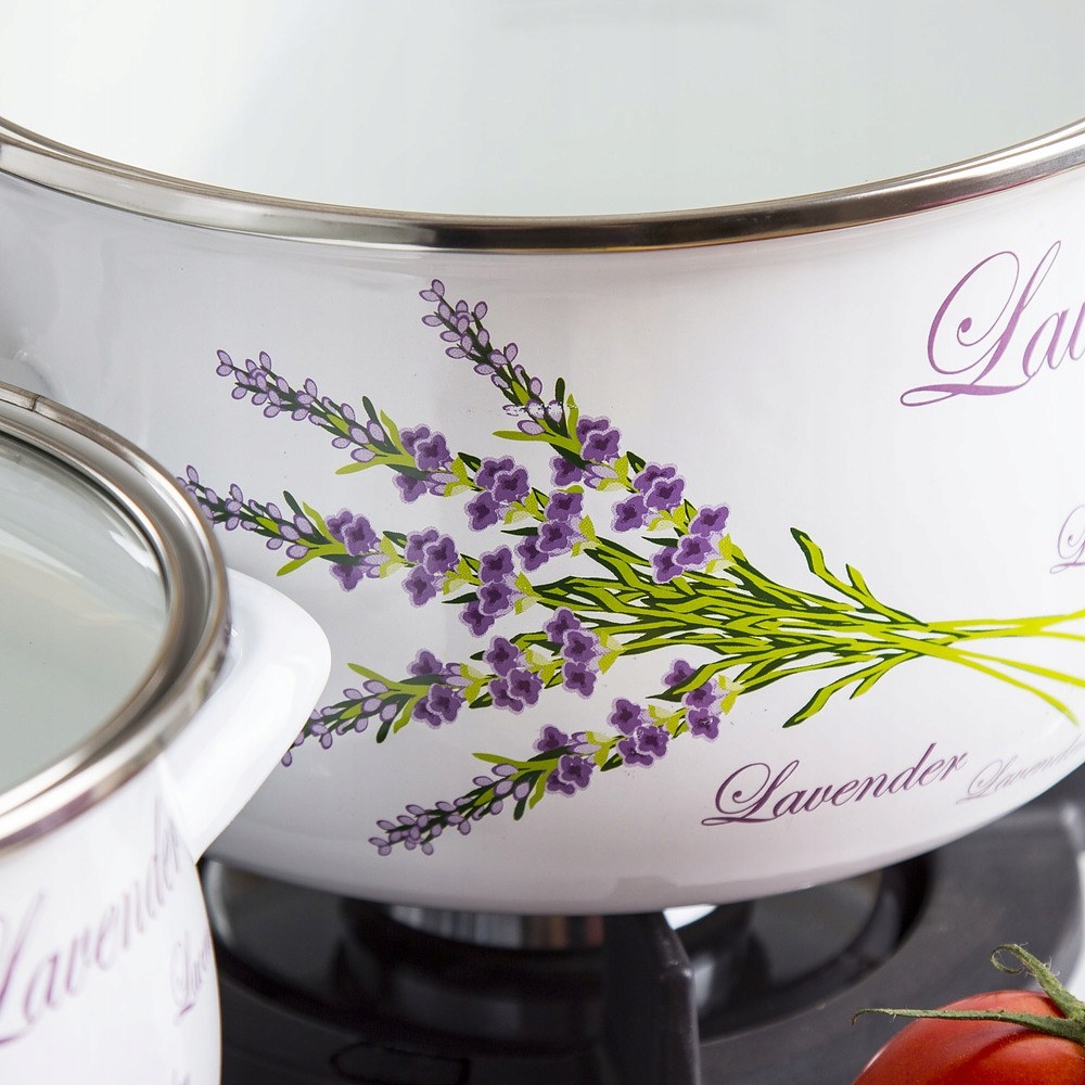 KOMPLET GARNKI zestaw garnków emalia LAWENDA BIAŁE 8 el. Linia Lawenda