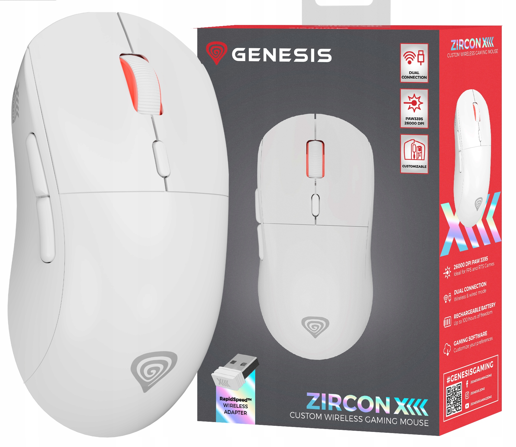 Myszka bezprzewodowa gamingowa Genesis Zircon XIII 26000DPI biała wr1