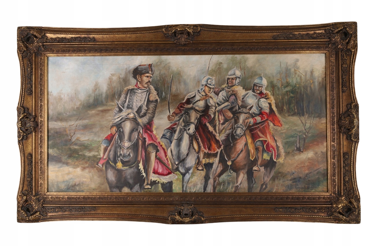 OBRAZ ZŁOTA RAMA - HUSARIA NA KONIACH 84 X 145 cm