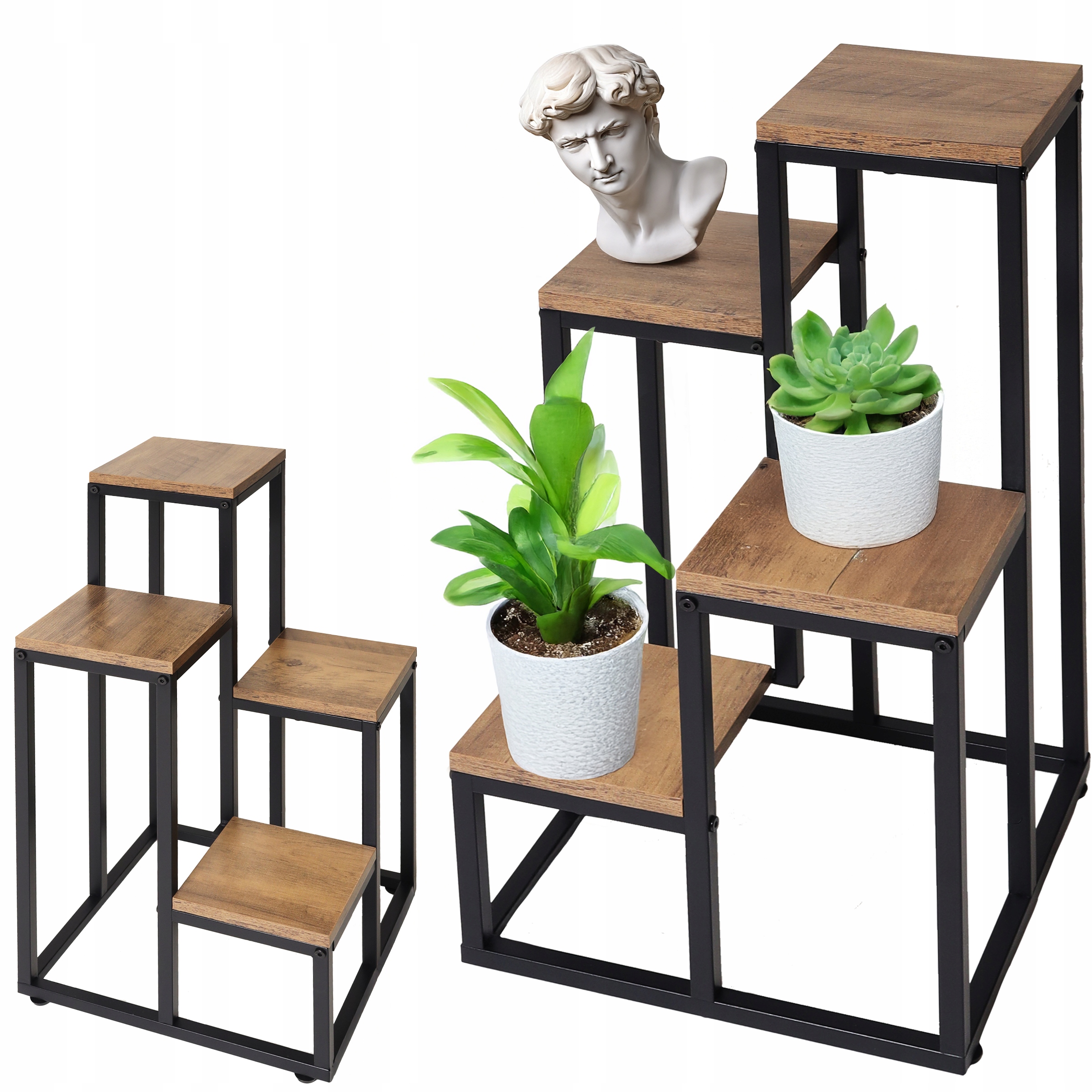Stojanový květináč kovový patrový stojan na 4 květiny regál dub rustikální