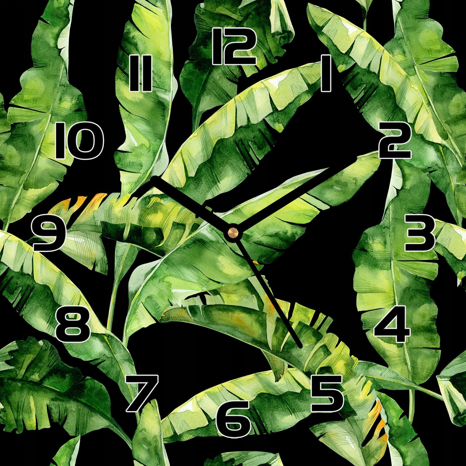 

Cichy zegar na szkle Ciemny tropikalny liść 30x30