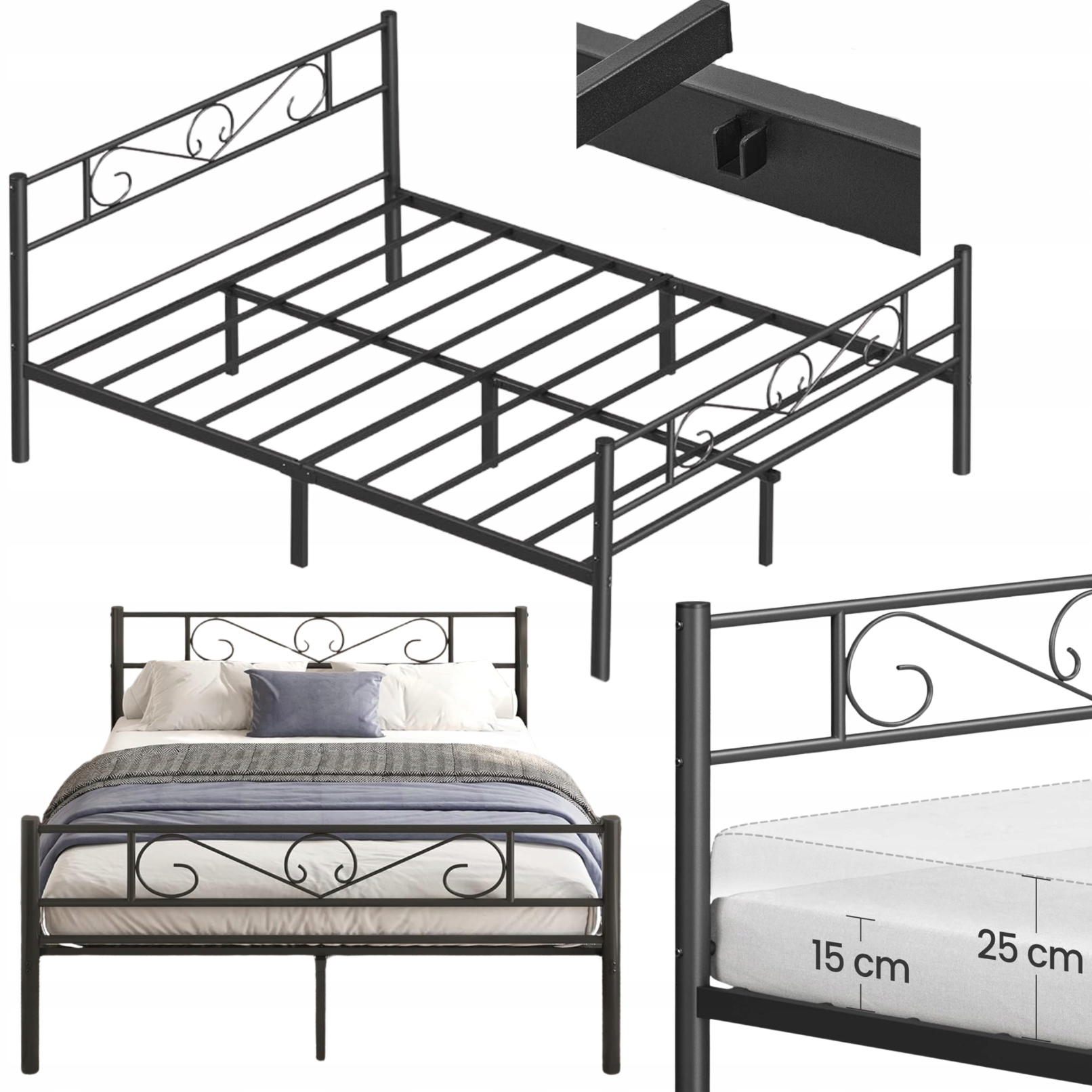 Kovový rám postele dvojitý 2-miestny, čierny rošt na matrac 200x160 cm