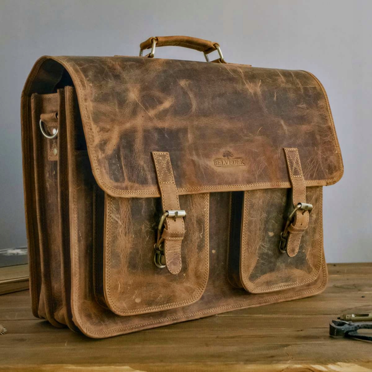 Belveder Hnědá pracovní taška s kapsami z buvolí kůže Vintage MB44