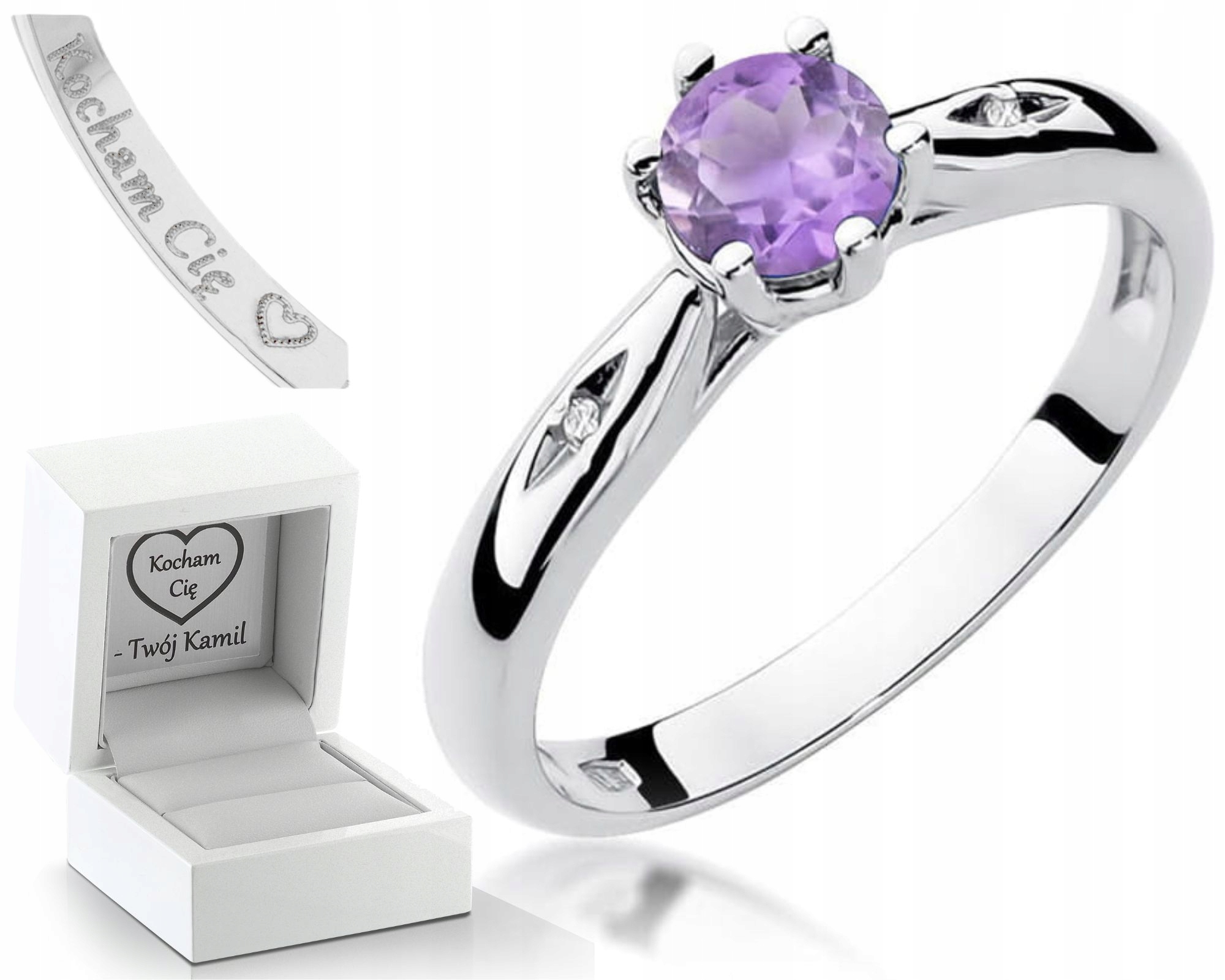 Prstýnek S Ametystem Bílé Zlato Gravírování Bonus