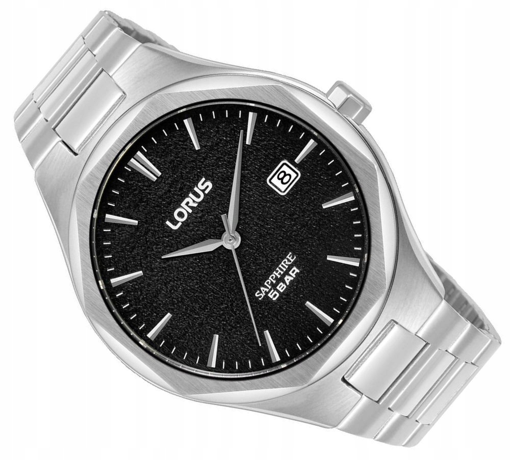 Černé 8HRANNÉ Vodotěsné Hodinky Lorus RS973DX9 Sklo
