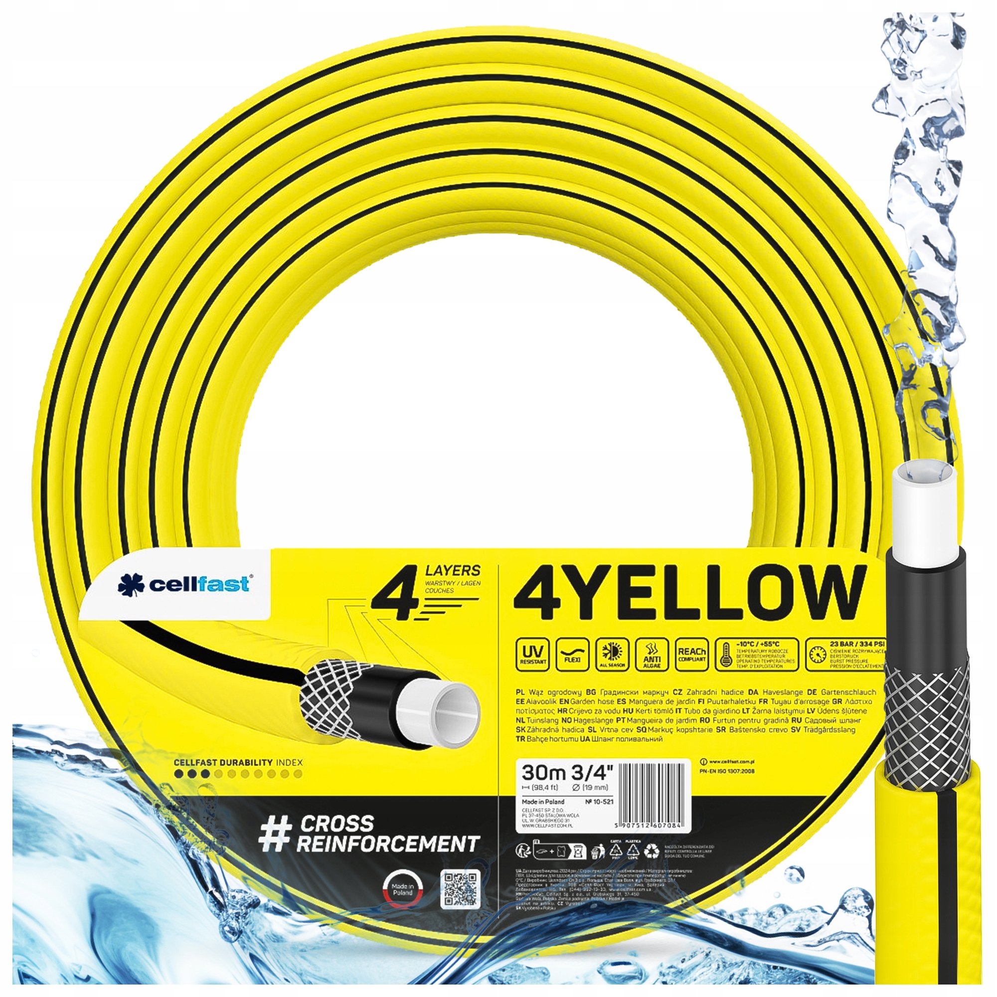Wąż Ogrodowy 3/4" 30m Cellfast 4-WARSTWY Lekki Odporny Uniwersalny 4YELLOW