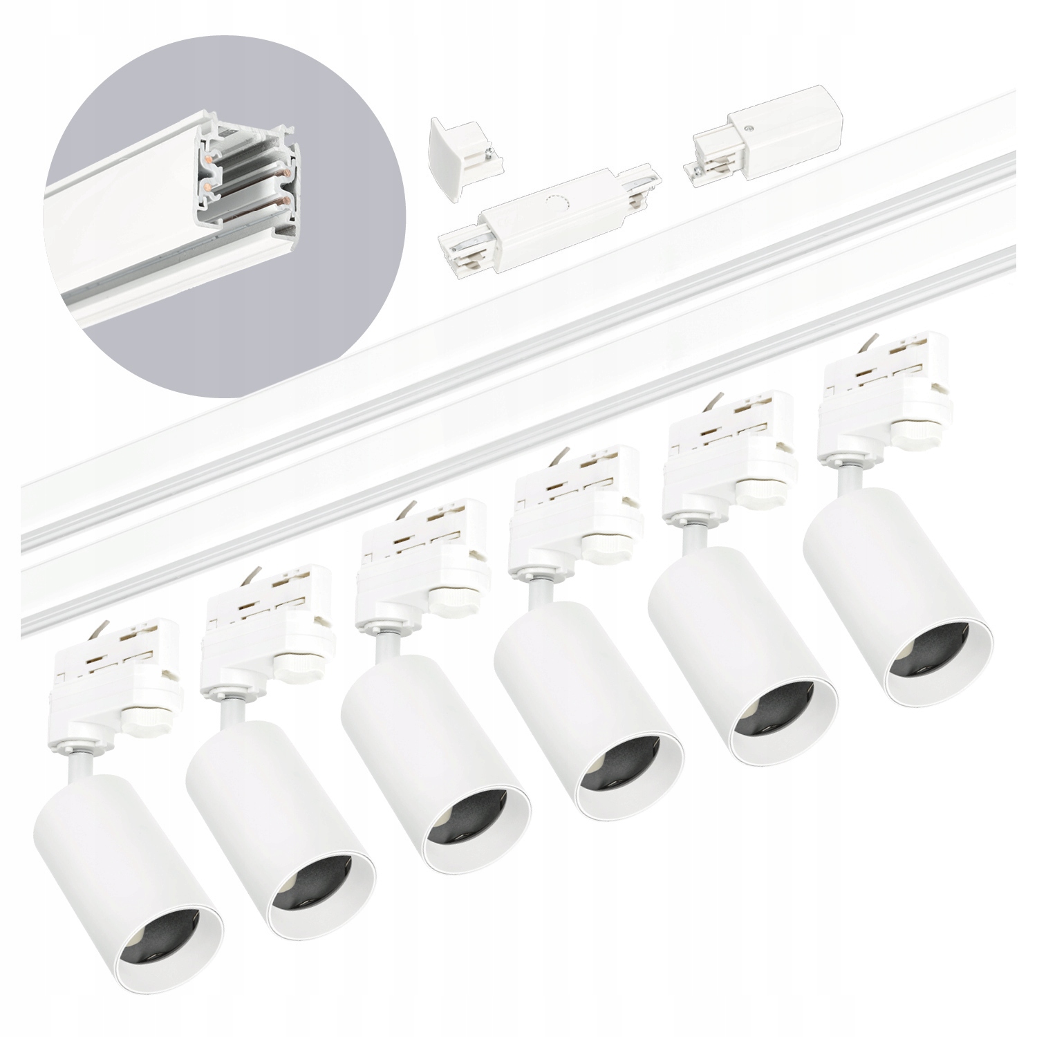 Sada kolejnicová 3-fázová kolejnice 2m+2m, 6x reflektor GU10, jednoduchý spínač Bílá