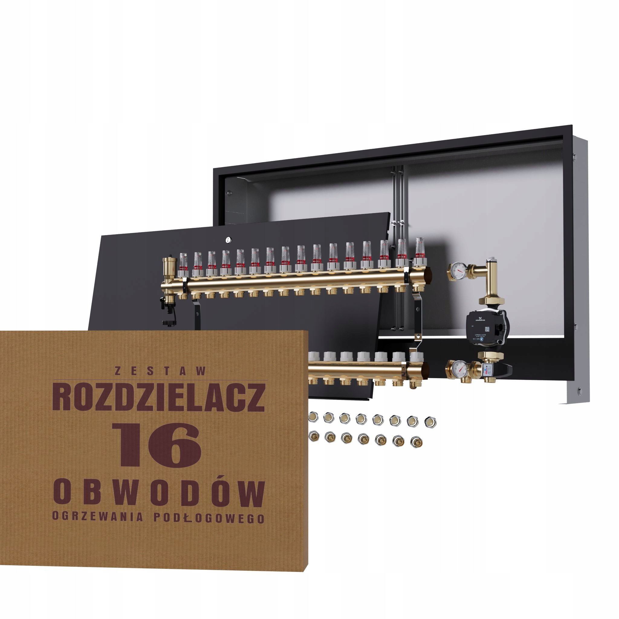 Rozdělovač pro podlahu 16 čerpadlo Grundfos podomítková skříňka černá +pex