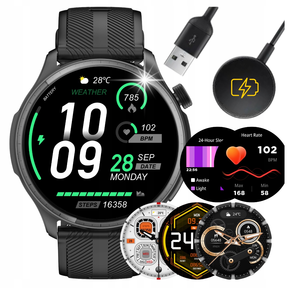 SMARTWATCH ZEGAREK MĘSKI ROZMOWY MENU POLSKIE AMOLED CZARNY SPORT
