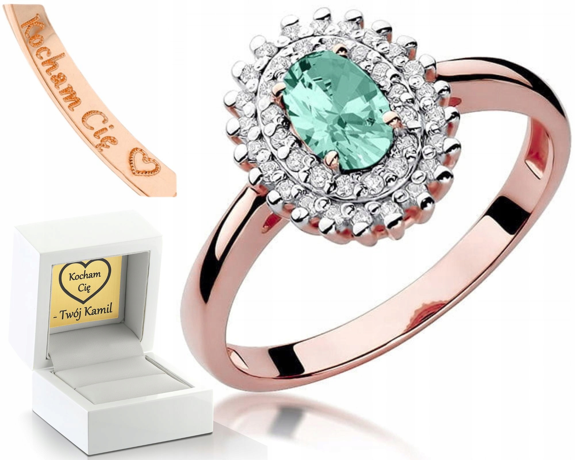 Prstýnek Se Smaragdem A Brilianty Růžové Zlato Gravírování 585 Dárek