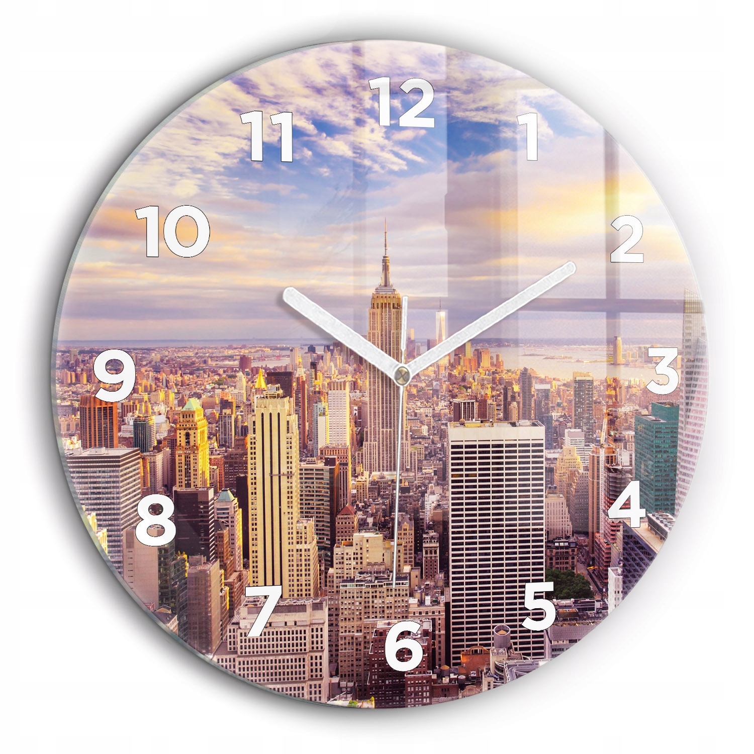 Tichý nástěnný hodinový stroj Západ slunce New York kulatý bílé ručičky fi 60 cm
