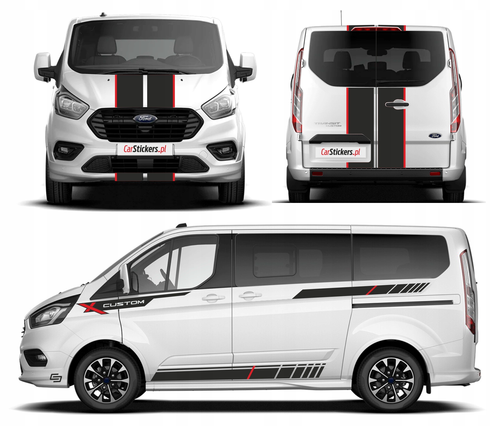 Samolepky na Ford Custom X, boky kapoty a zadní dveře křídla