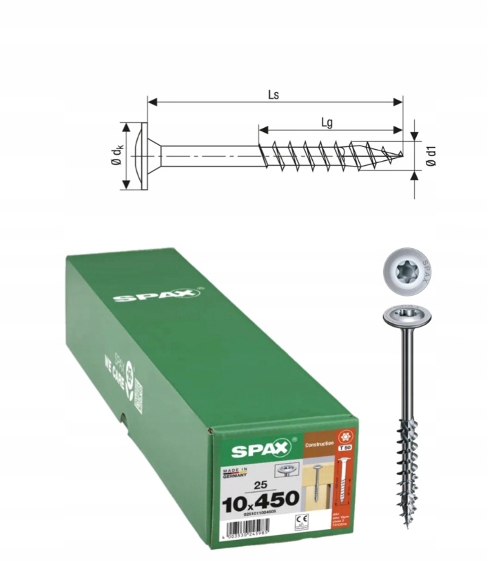 Univerzálne skrutky Wirox pre drevené konštrukcie Spax 10 x 450 mm 25 ks