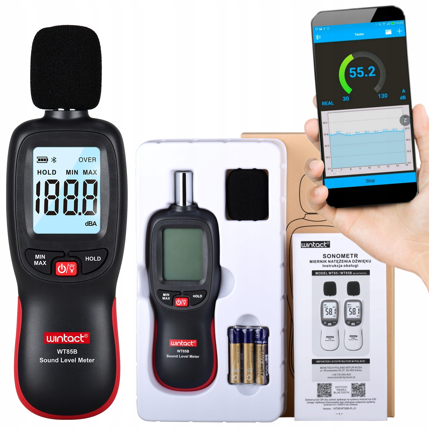 

Decybelomierz Sonometr Bluetooth Aplikacja na tel.