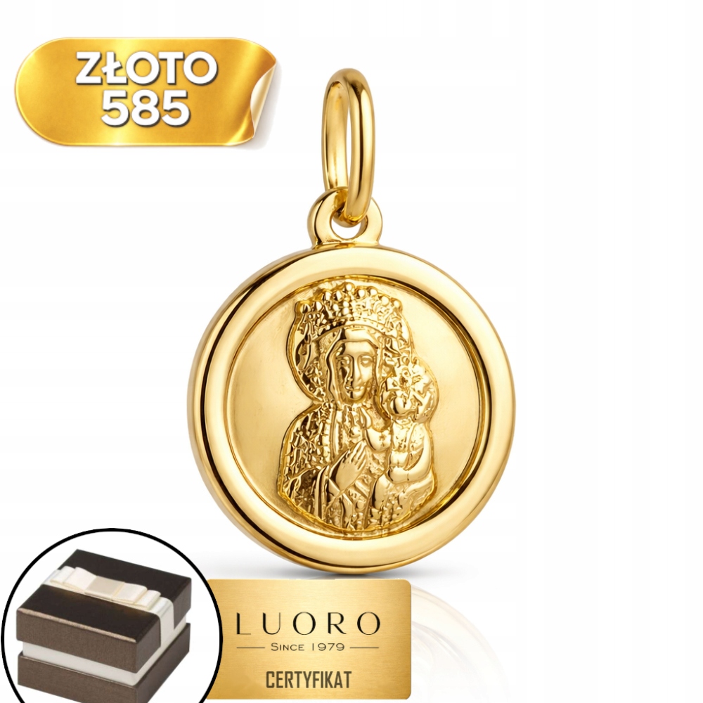 Zlatý Medailon 585 14K Panna Maria Čenstochovská Kolečko 1,7 CM Elegantní