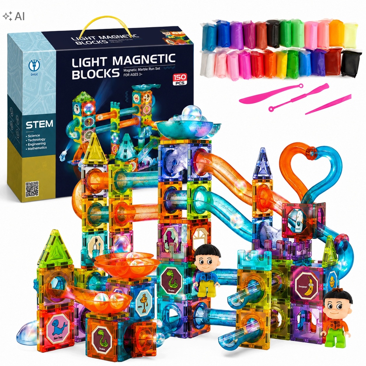 Klocki magnetyczne 150 elementów Kulodrom zestaw XXL piankolina 24 szt