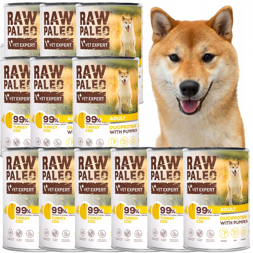 Zestaw Mokra karma dla psa psów Raw Paleo Adult indyk dorsz puszka 12x400 g