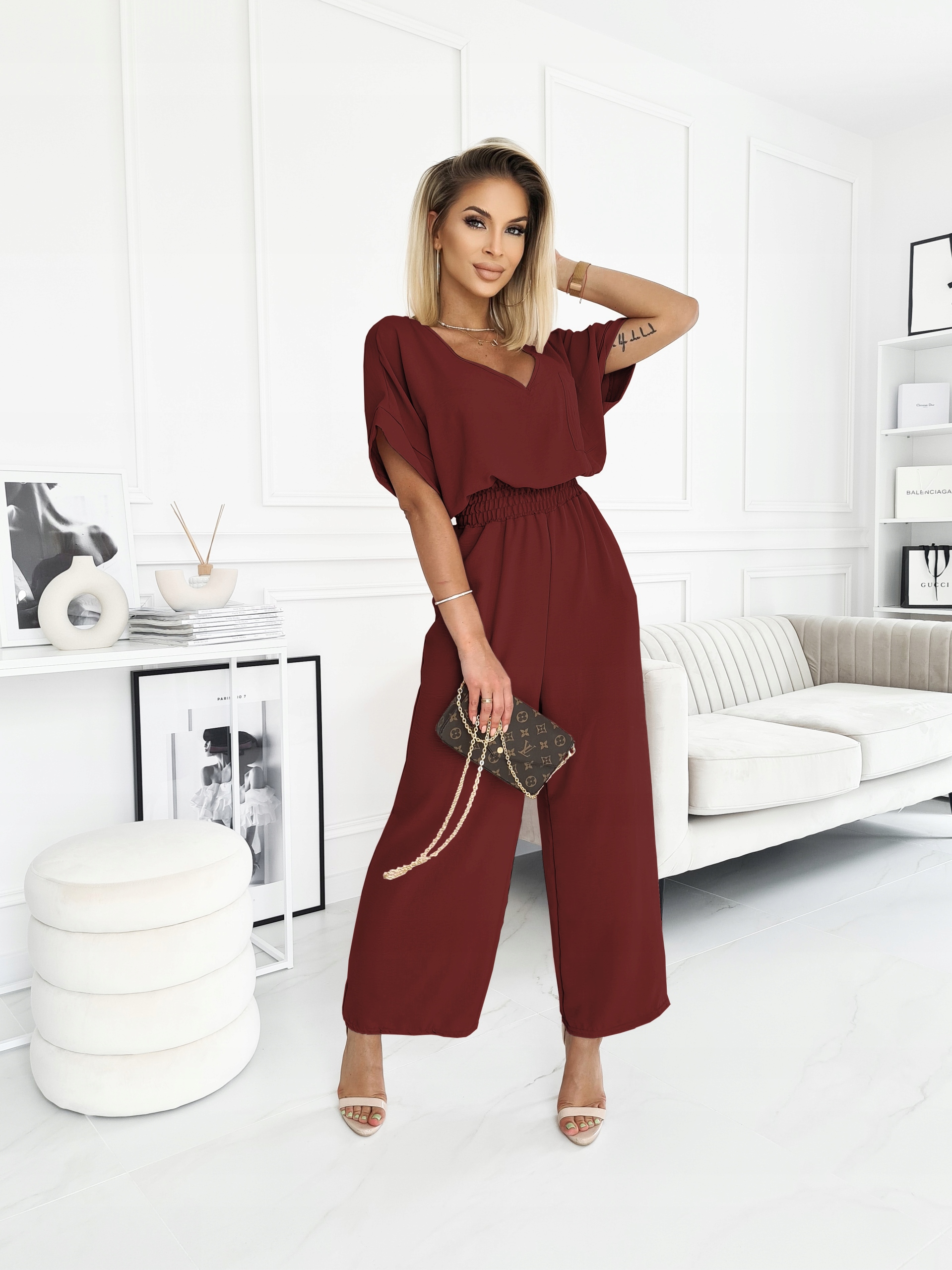 KOBIECY LUŹNY ELEGANCKI KOMBINEZON DEKOLT V SML Rodzaj nogawki prosta