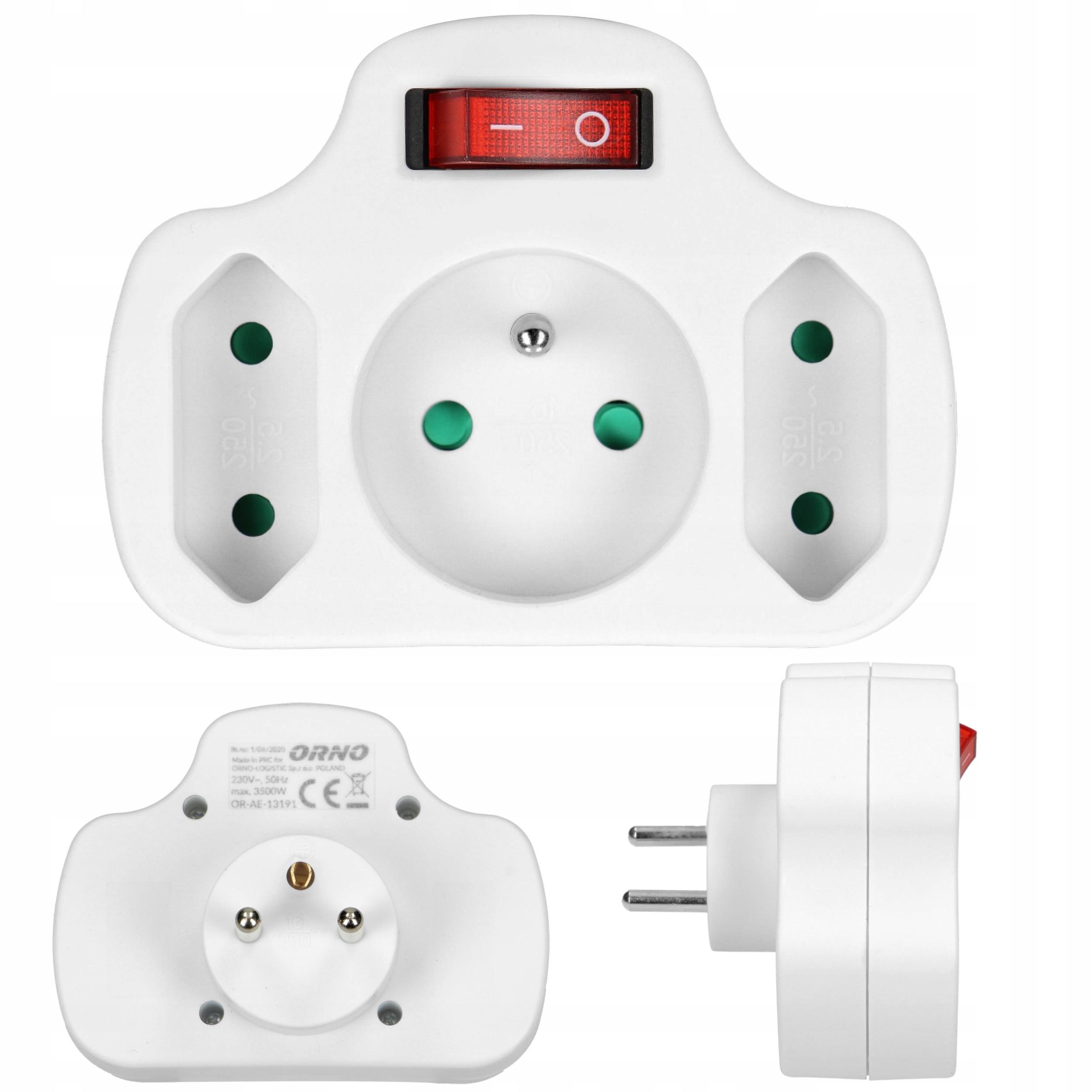 Rozgałęźnik Potrójny z Podświetlanym Wyłącznikeim Adapter na 3 Gniazda