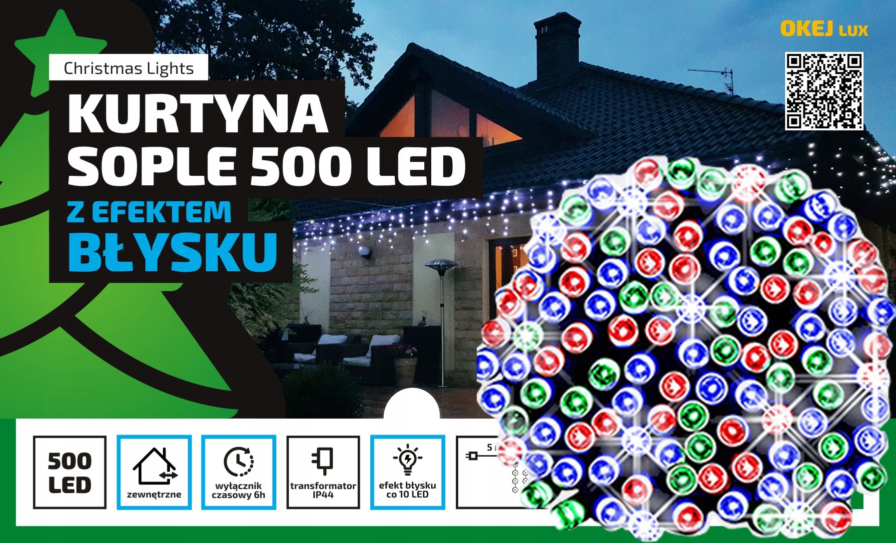 

Sople Zewnętrzne 500 Led 25m Timer Flash Kolorowe