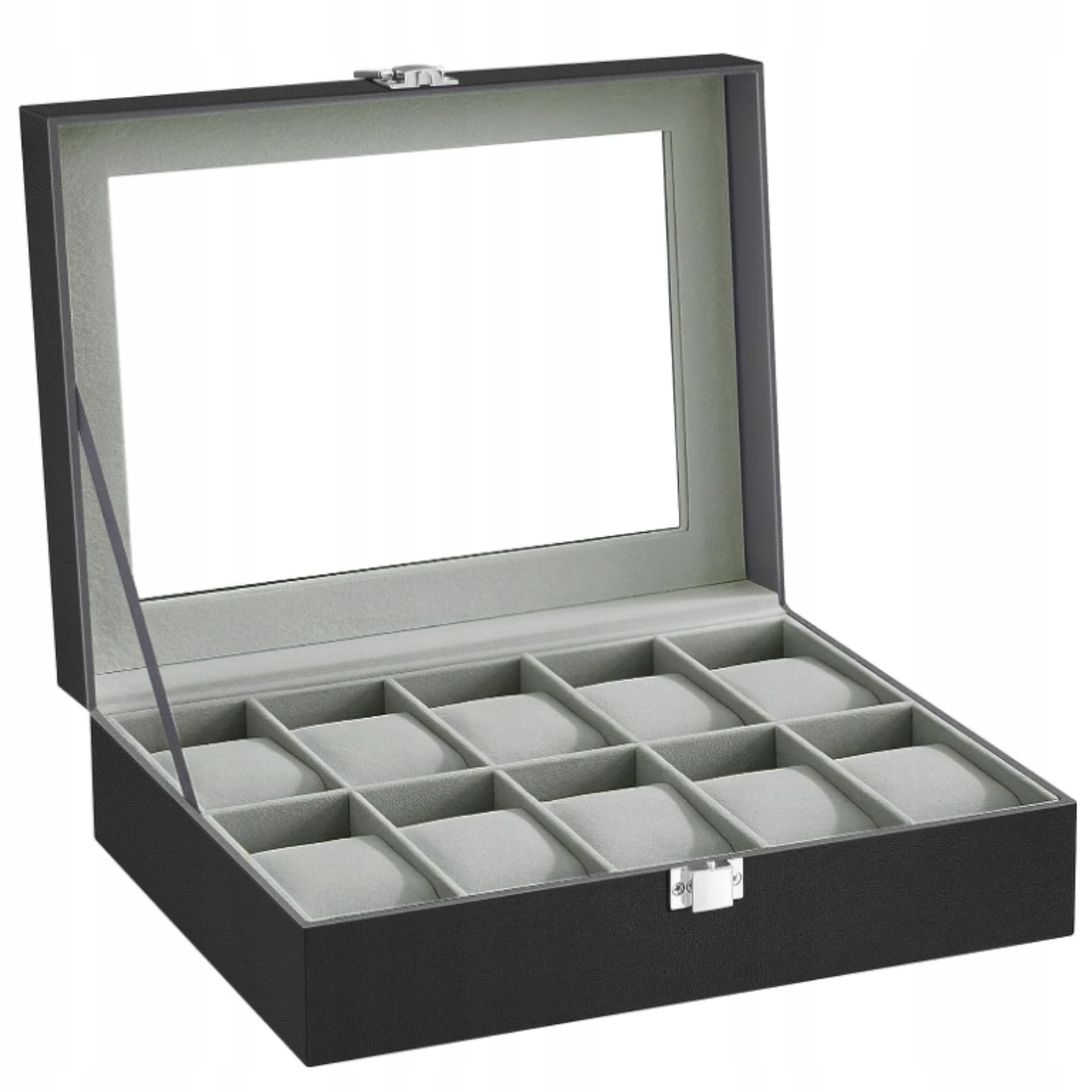 PUDEŁKO NA ZEGARKI ORGANIZER NA ZEGRAKI Z SZKLANĄ POKRYWKĄ 10 PRZEGRÓDEK