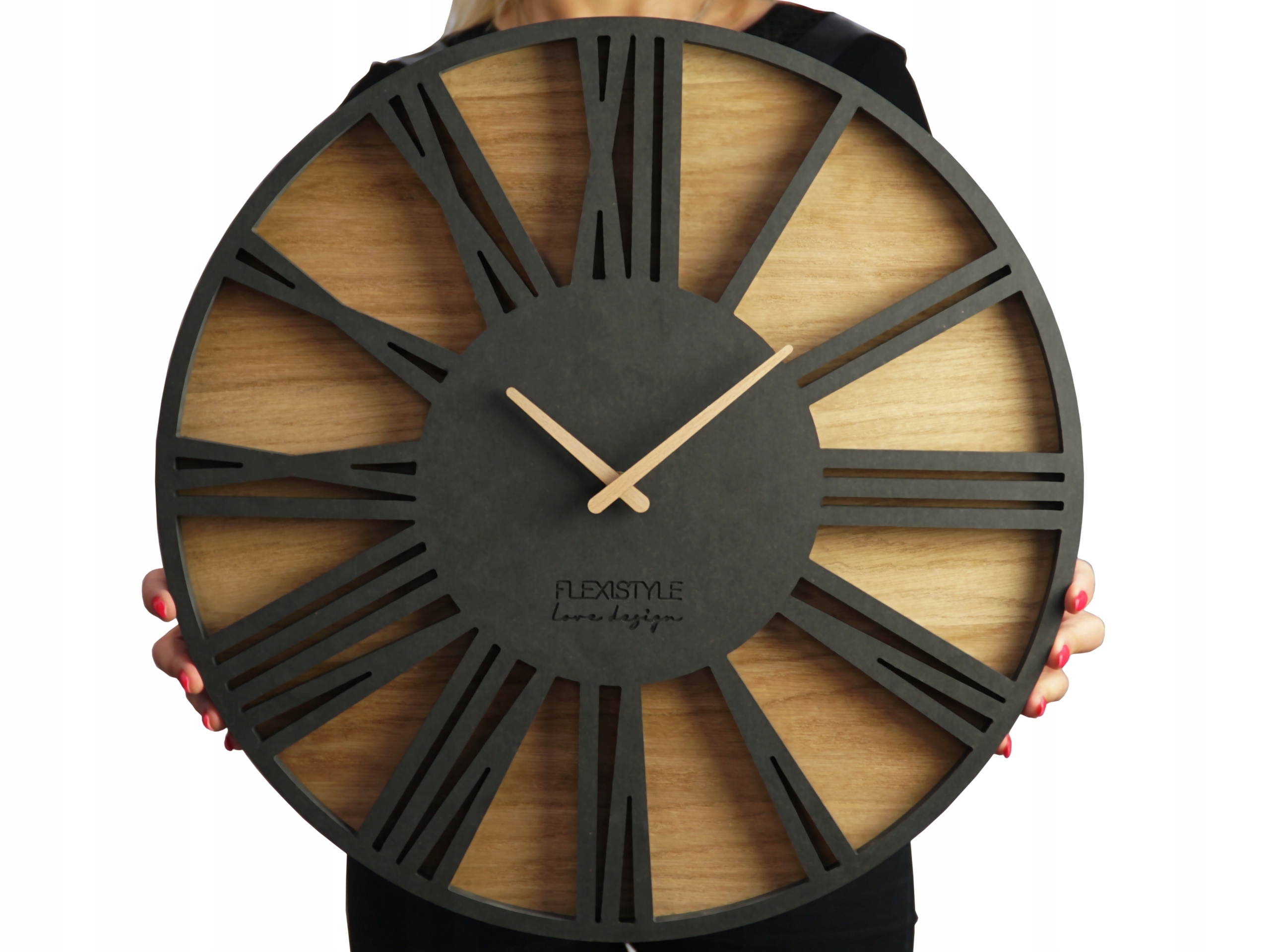 Velké nástěnné hodiny černé Roman Loft 50 cm tiché do obývacího pokoje, dřevěné