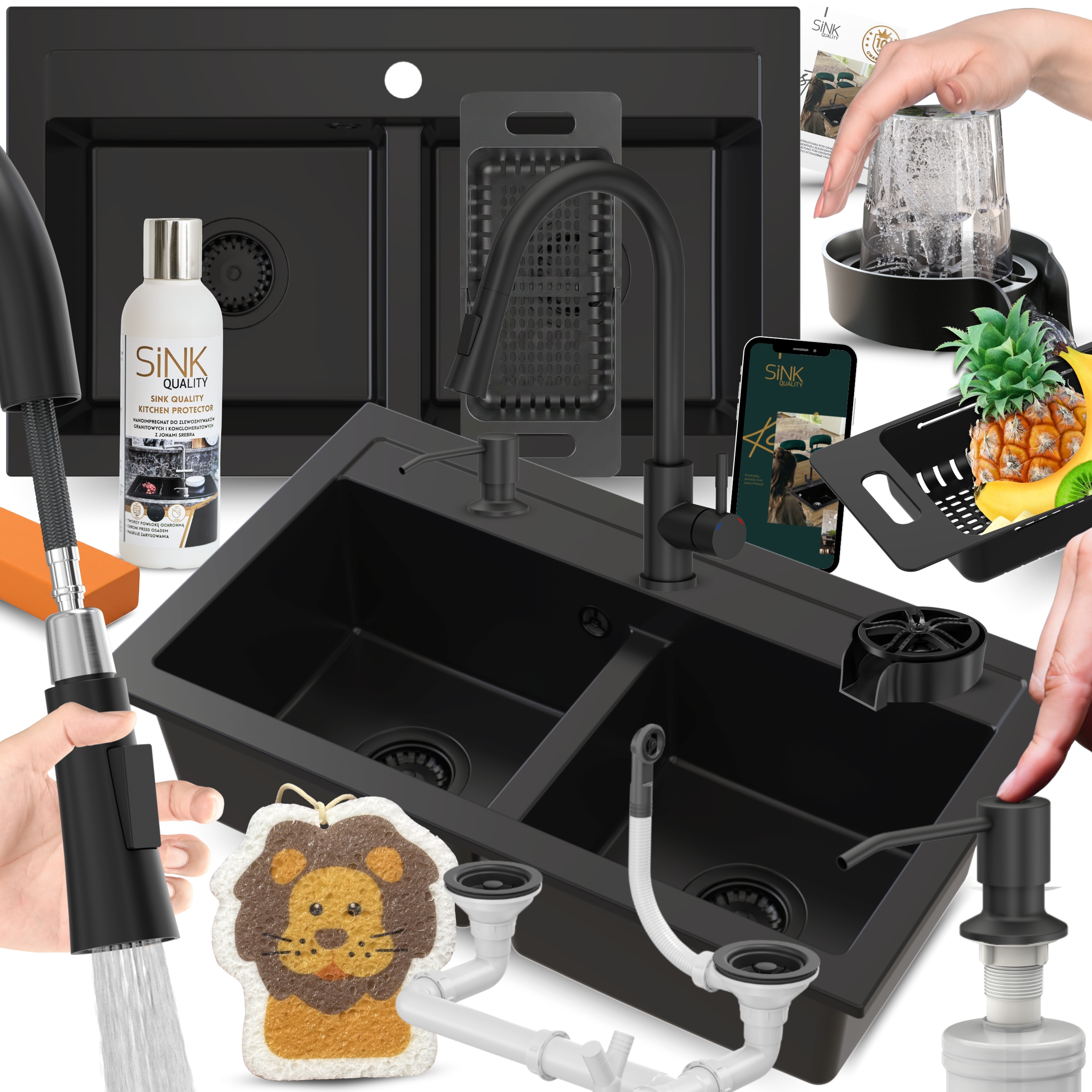 Granitový Dřez Černý Dvoukomorový Set S Kuchyňskou Baterií Dávkovač