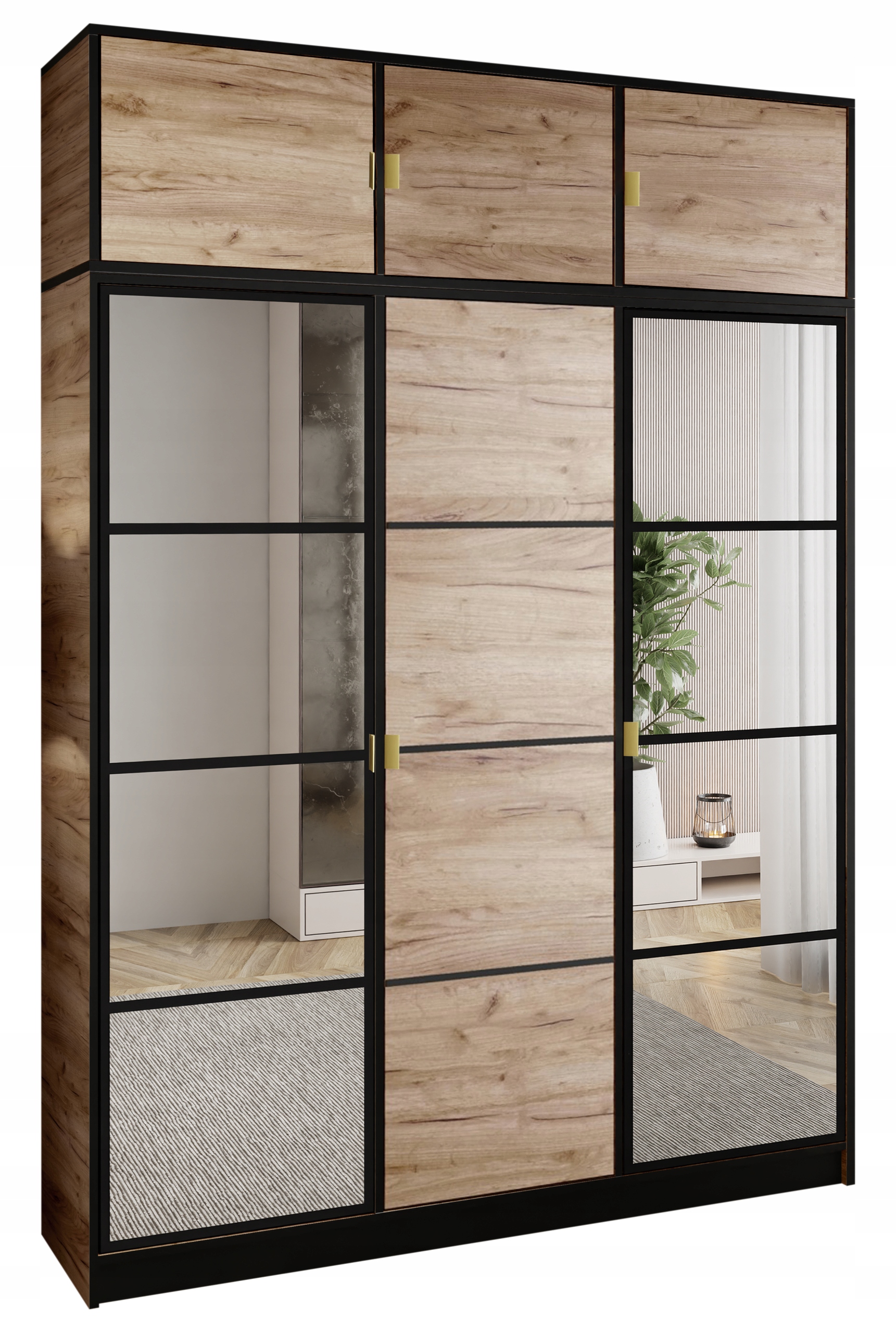 Skříň Lumi 157 3D Dub 2x zrcadlo Eden Pattern 2 Zlatá úchytka s vrchní deskou