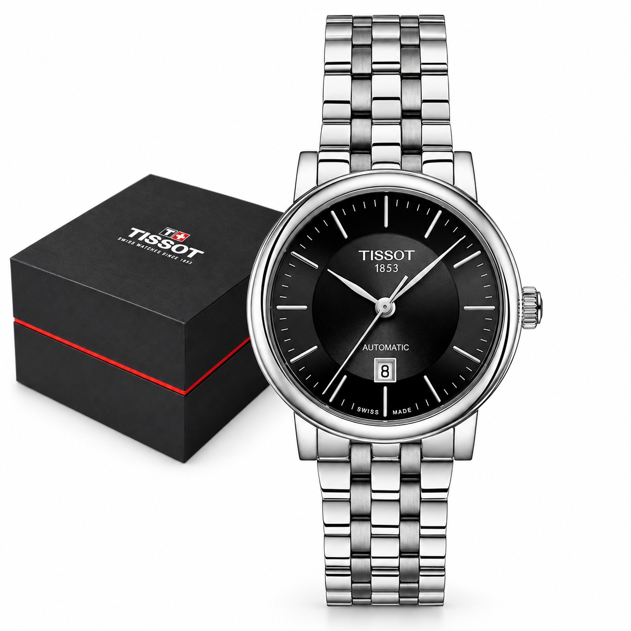 Dámské Hodinky Tissot Carson Premium Automatic Safír Ocel Černé Elegantní