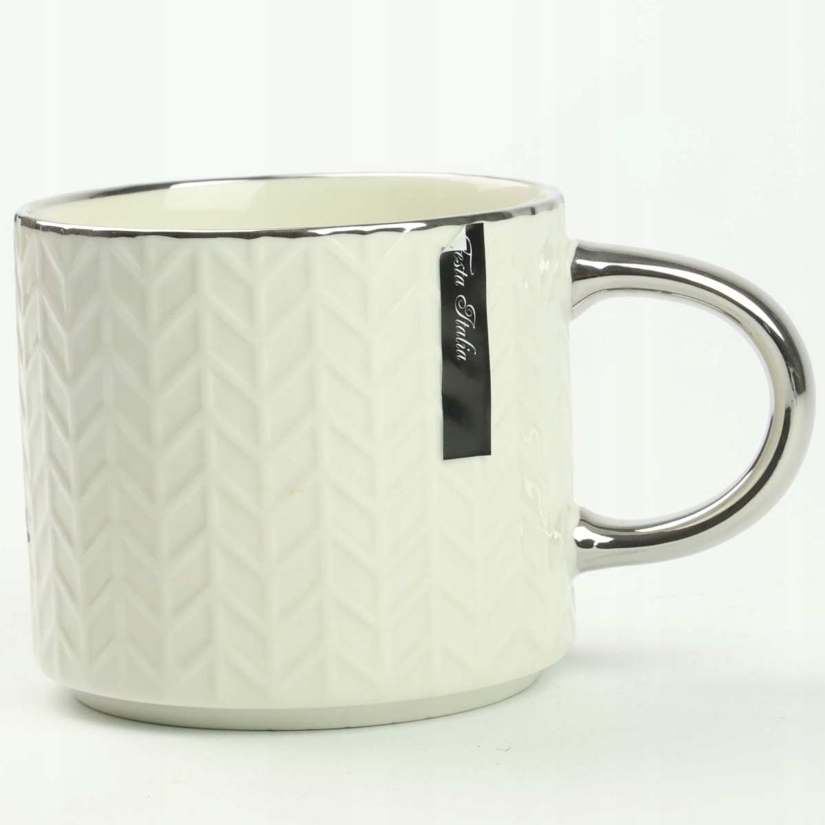 KUBEK PORCELANOWY DO KAWY HERBATY WZÓR SWETEREK 470ML ZE SREBRNYM UCHEM